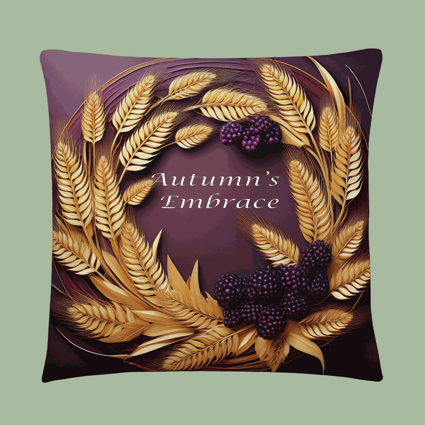 Front view of Wheat & Blackberry Wreath Pillow with rustic harvest design