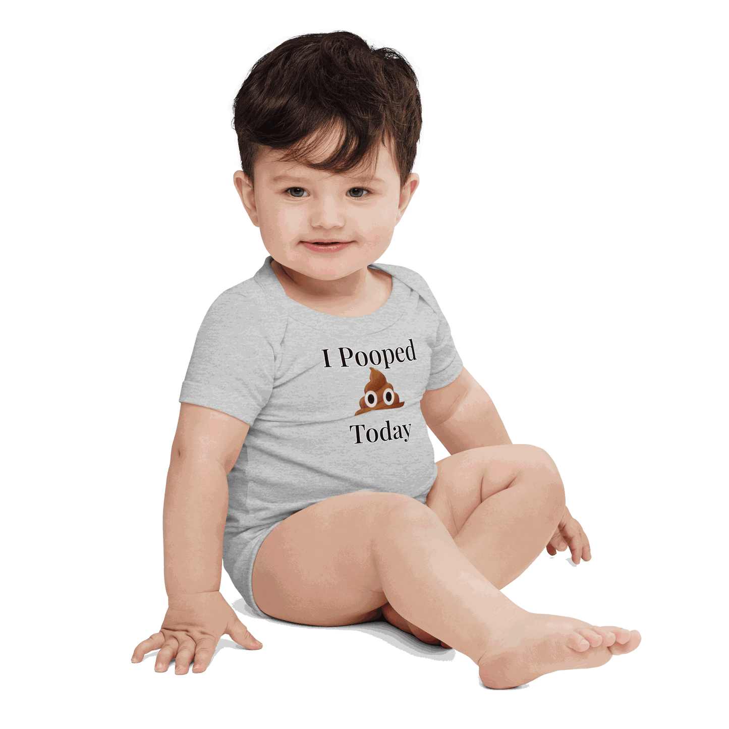 Front view of I Pooped Today Onesie with bold text design