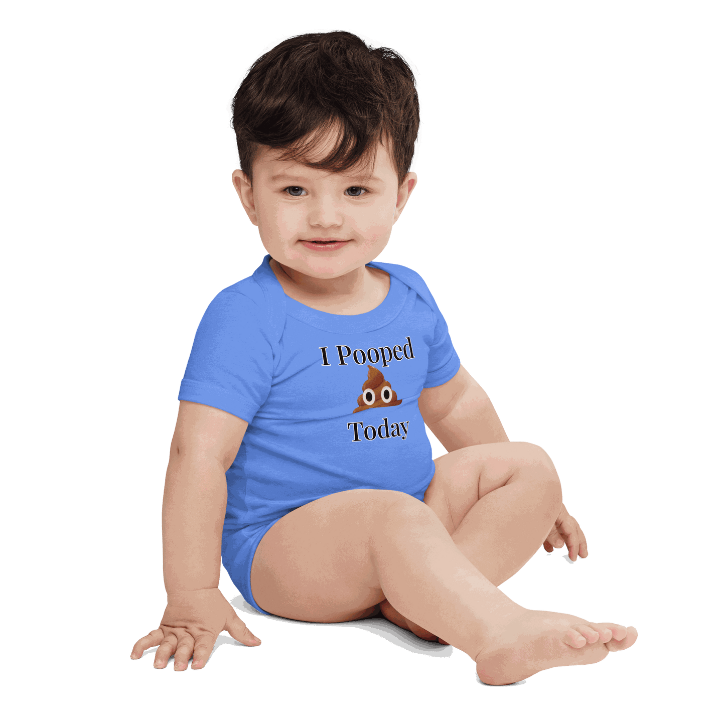 Front view of I Pooped Today Onesie with bold text design