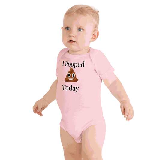Front view of I Pooped Today Onesie with bold text design