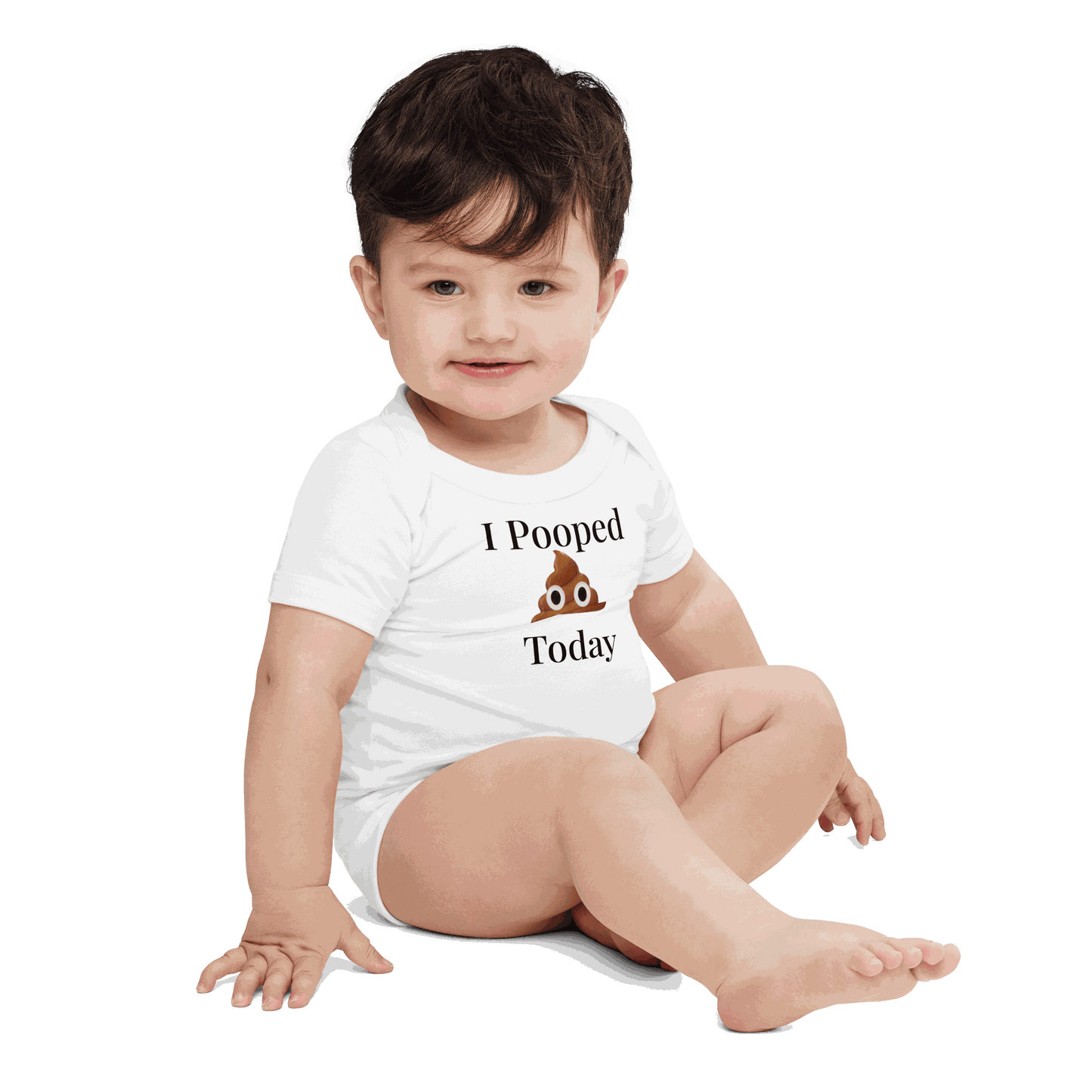 Front view of I Pooped Today Onesie with bold text design