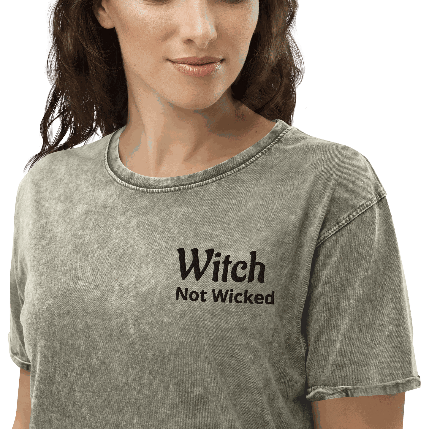 Witch Not Wicked Embroidered Shirt with stitched lettering