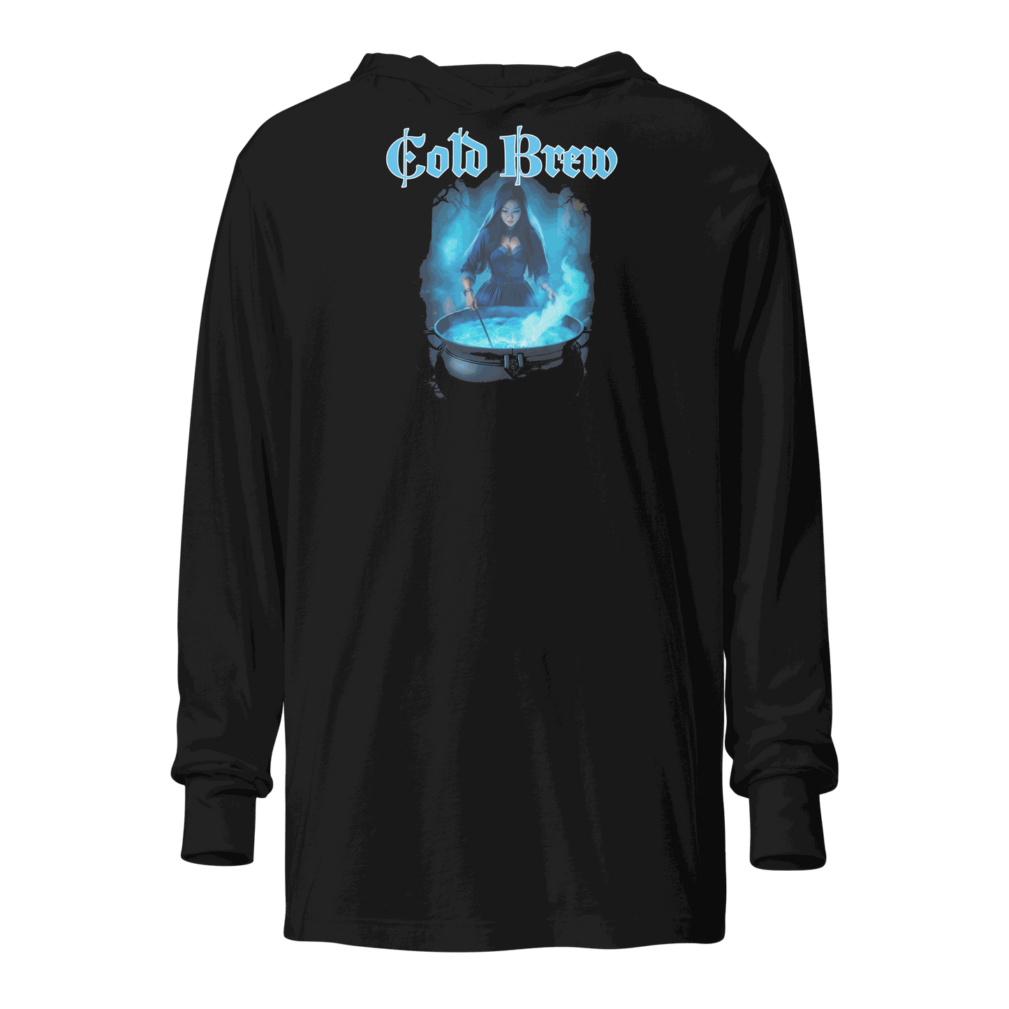 Front view of Cold Brew Hoodie with witch stirring icy cauldron design