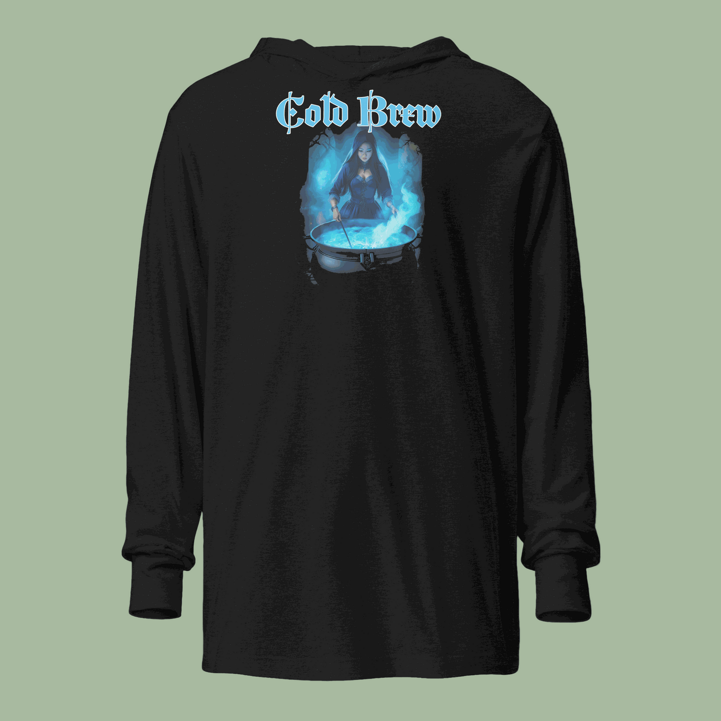 Front view of Cold Brew Hoodie with witch stirring icy cauldron design