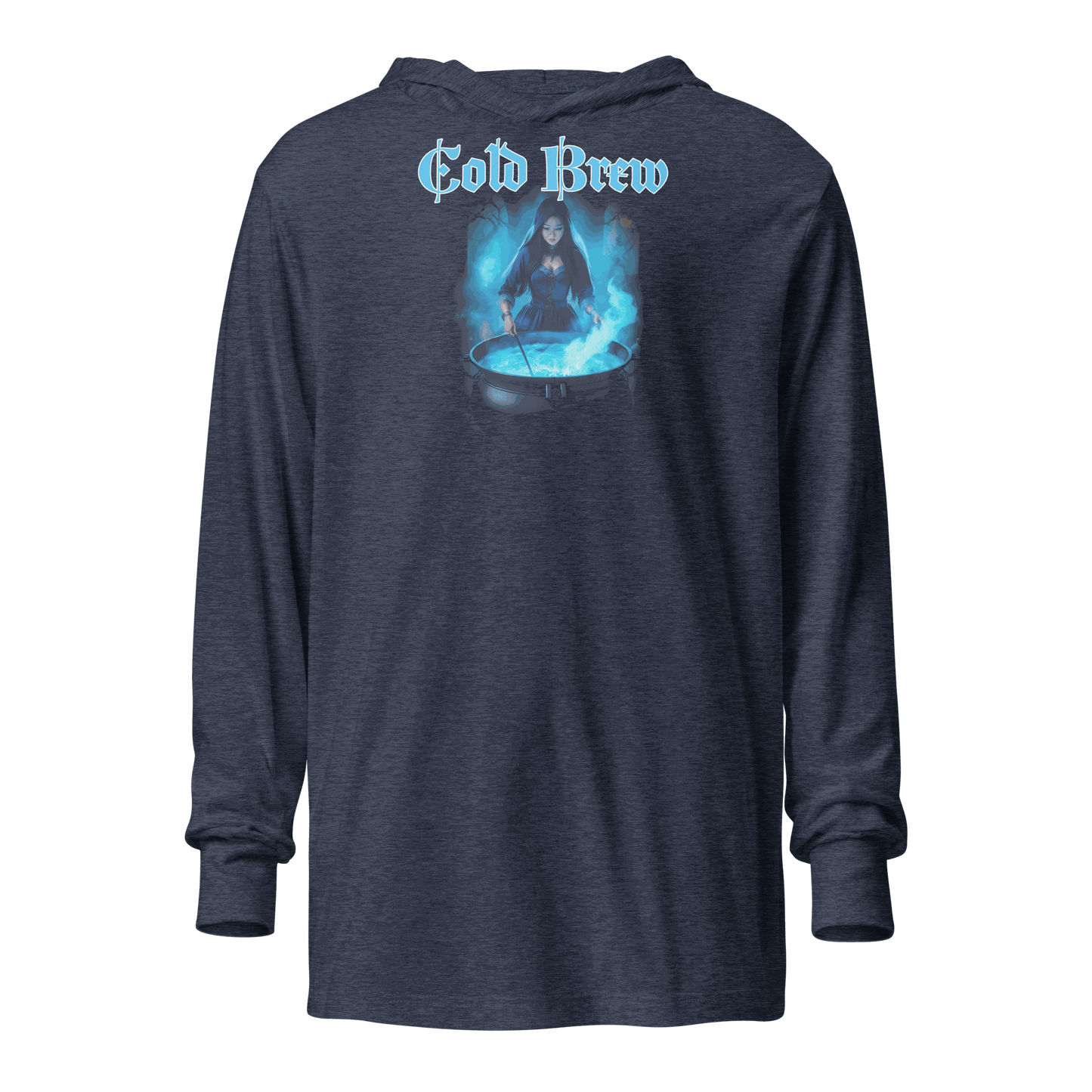 Front view of Cold Brew Hoodie with witch stirring icy cauldron design