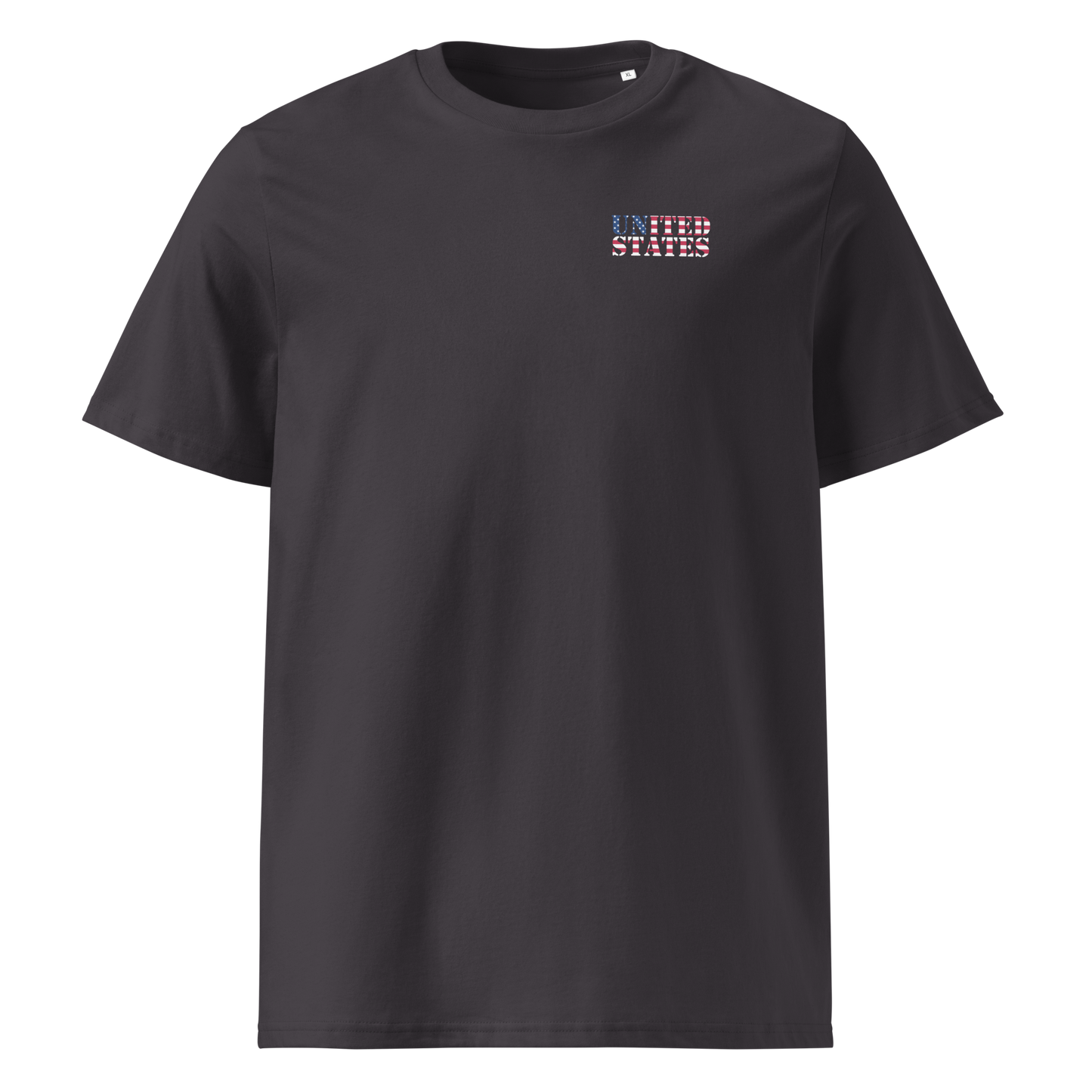 Black United States Soccer Shirt with flag-patterned "United States" text on chest, made from organic cotton, unisex fit.