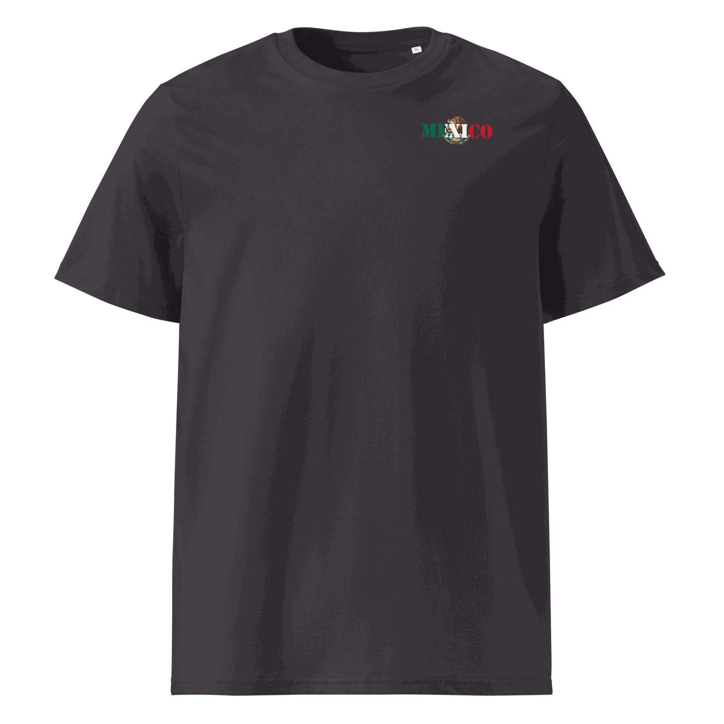 Black Mexico Futbol Shirt with the word "Mexico" designed using the national flag colors and emblem on the chest.
