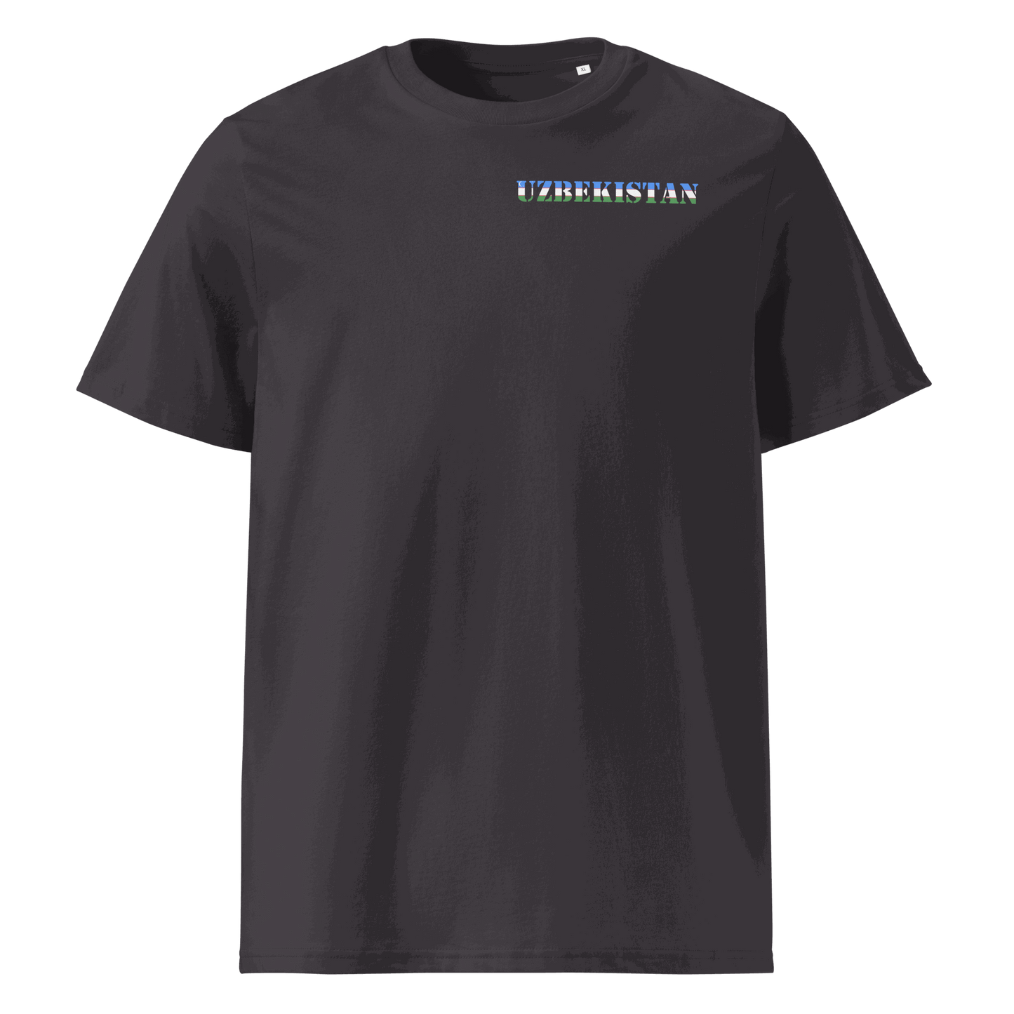 Black Uzbekistan soccer shirt with national flag design lettering on chest, made from organic cotton, unisex fit.