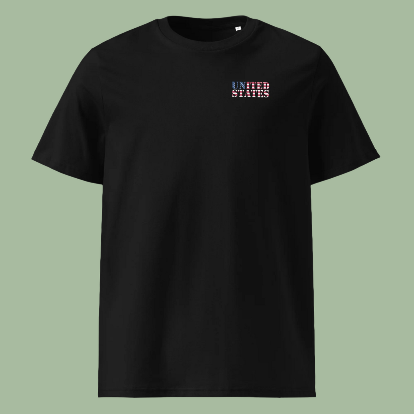 Black United States Soccer Shirt with flag-themed lettering on chest, made from organic cotton, unisex fit.
