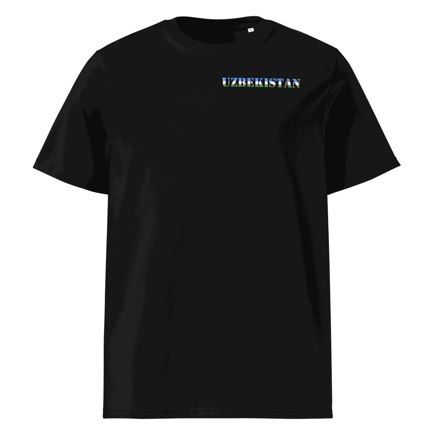 Black Uzbekistan soccer shirt with national flag cutout lettering on chest, made from organic cotton.