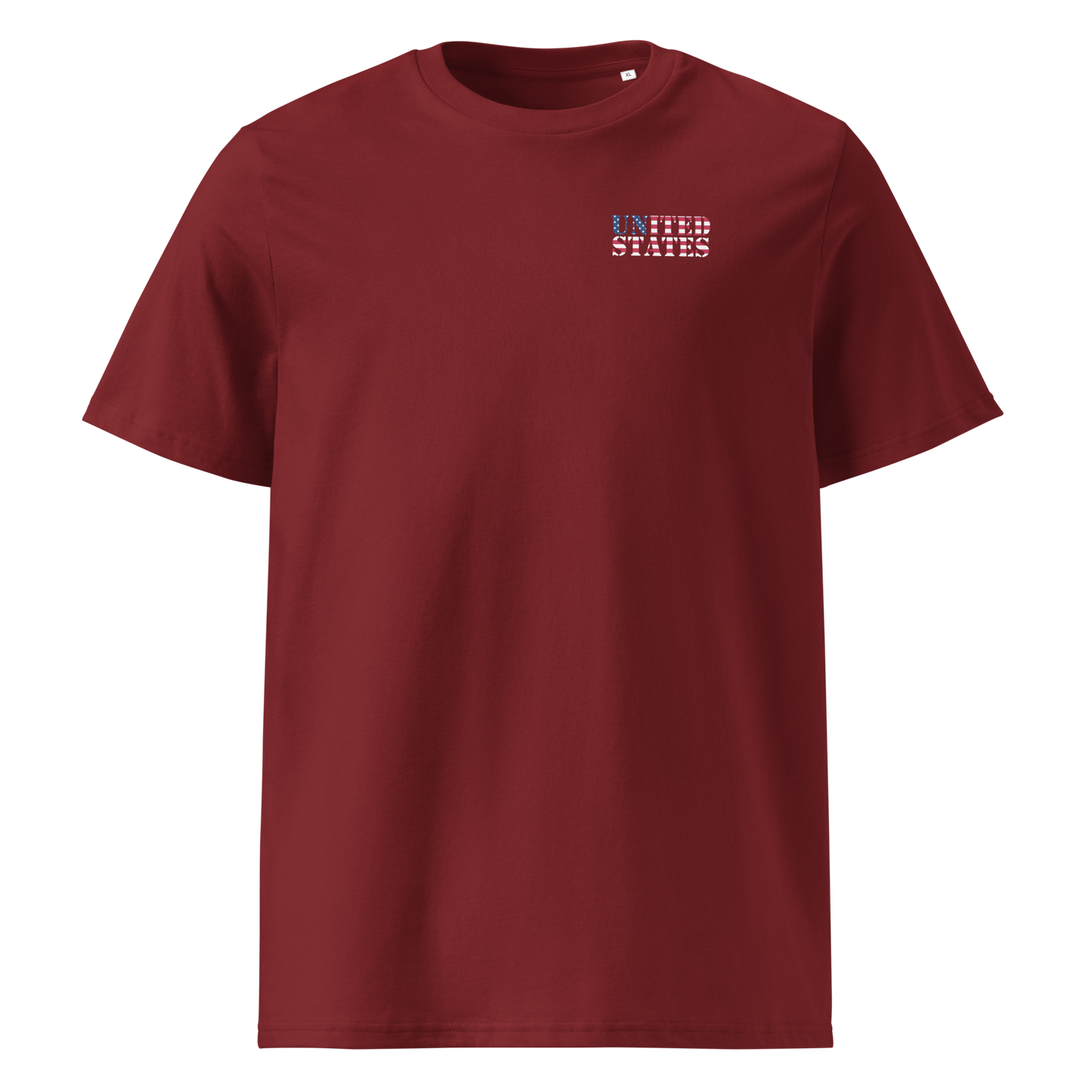 United States Soccer Shirt in maroon with flag-themed "United States" text design on chest, made of 100% organic cotton