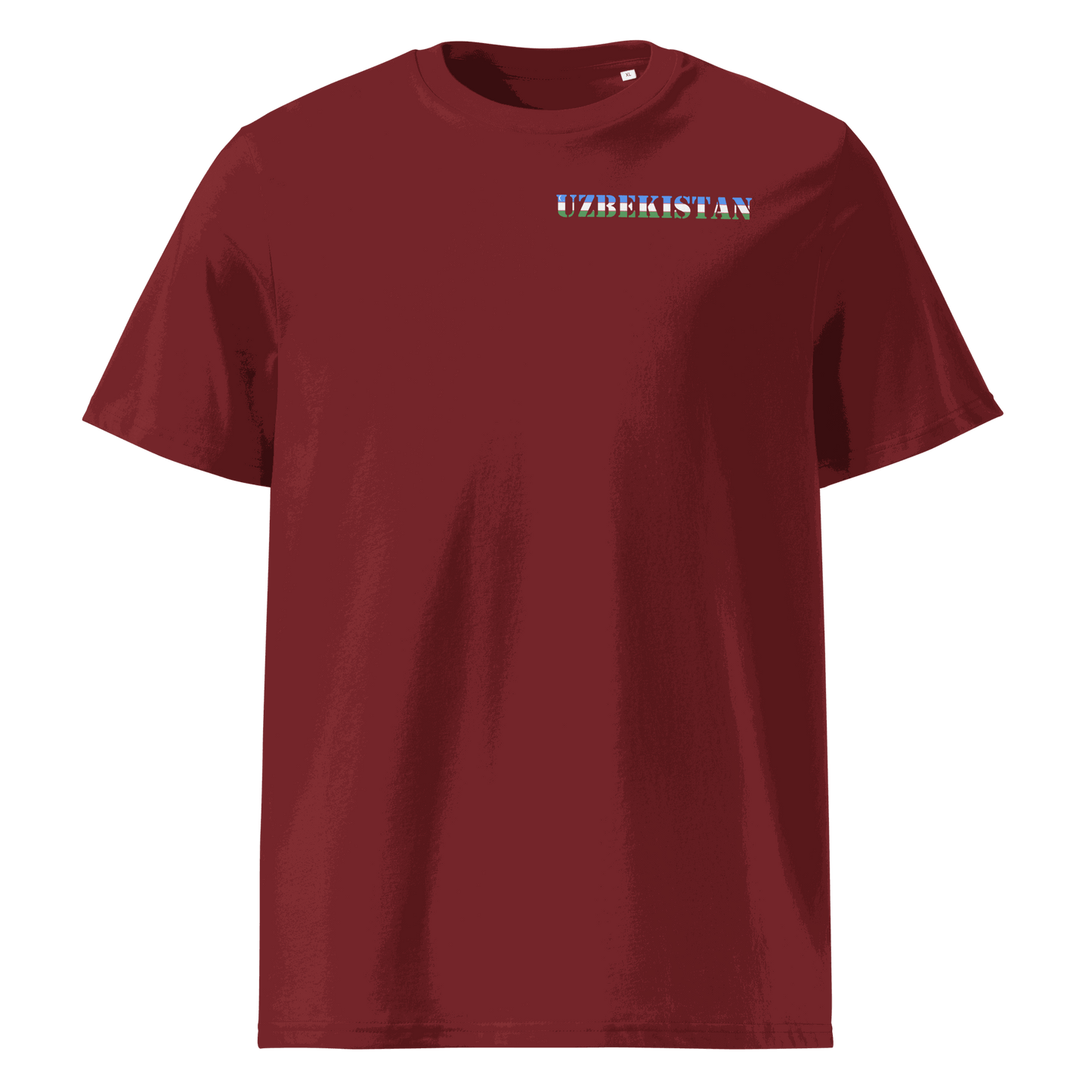 Maroon Uzbekistan soccer shirt with national flag pattern text design, made from organic cotton.