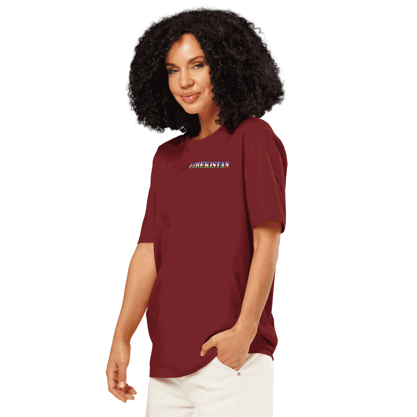 Woman wearing maroon Uzbekistan Soccer Shirt with flag-cut lettering from Cut from Glory collection