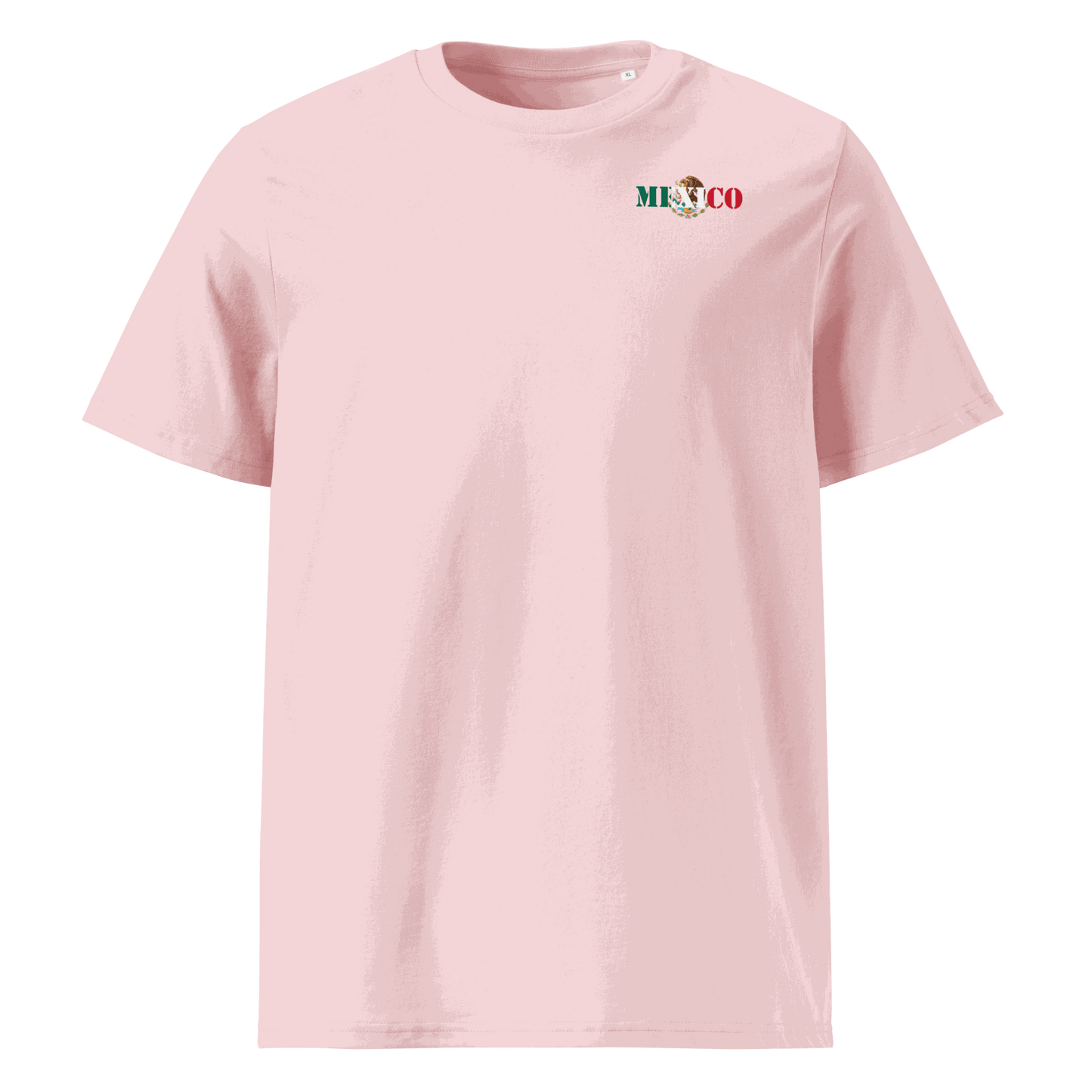 Pink Mexico Futbol Shirt with national flag-inspired lettering and unisex fit made from organic cotton