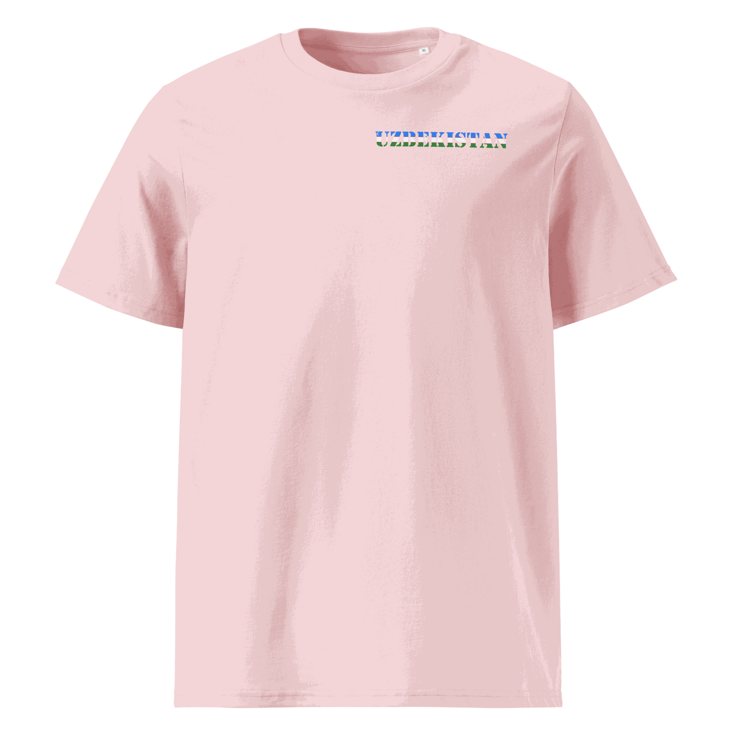 Pink Uzbekistan soccer shirt with national flag design text on chest, made of organic cotton, unisex fit