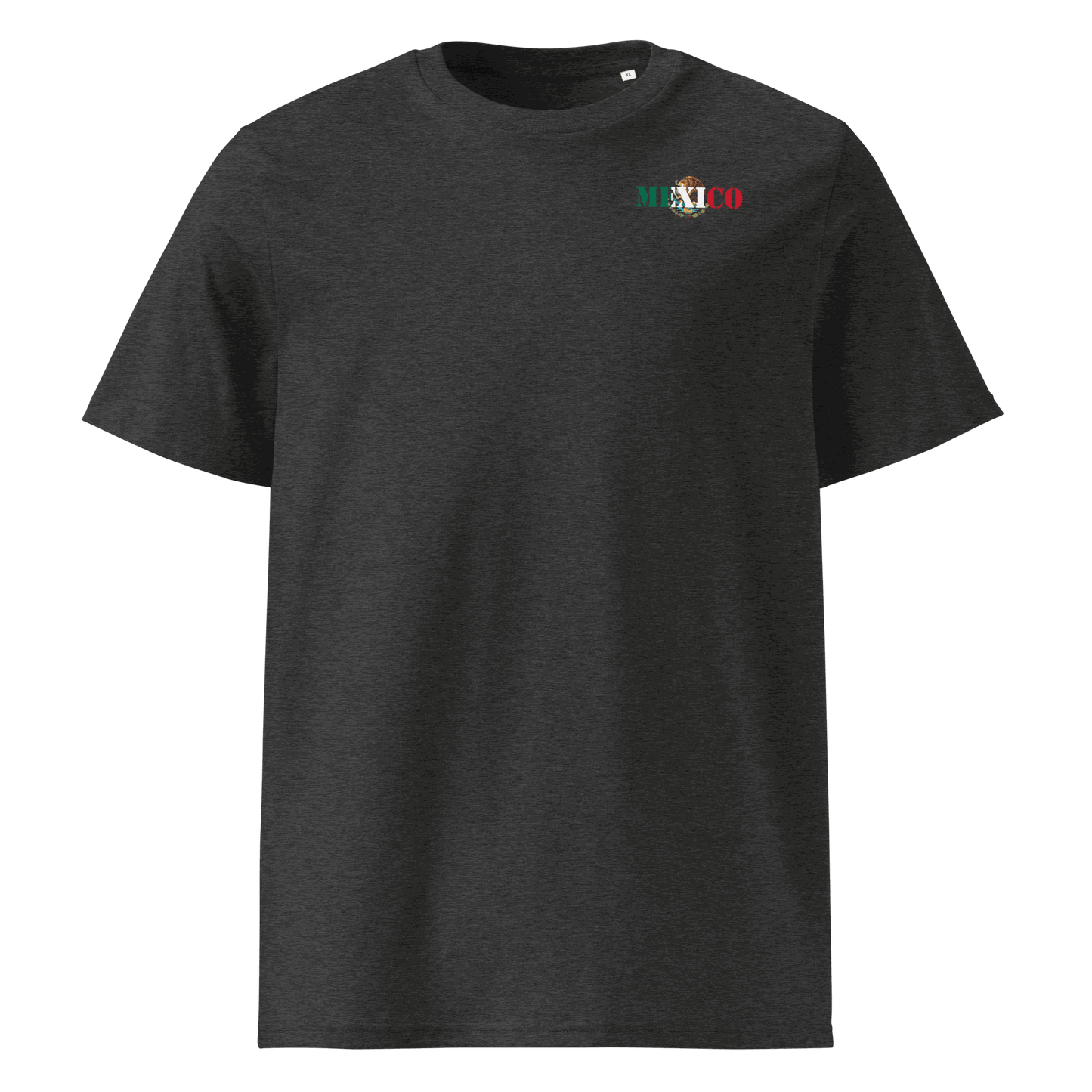 Dark gray Mexico Futbol Shirt with "Mexico" text featuring national flag colors on chest, made from organic cotton in unisex fit.