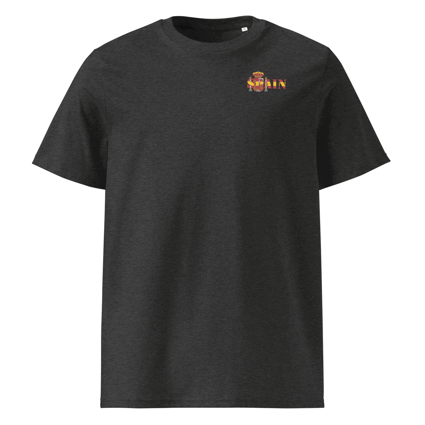 Dark gray Spain Futbol Shirt featuring "Spain" text cut from the national flag on the chest, made from 100% organic cotton with a regular unisex fit.