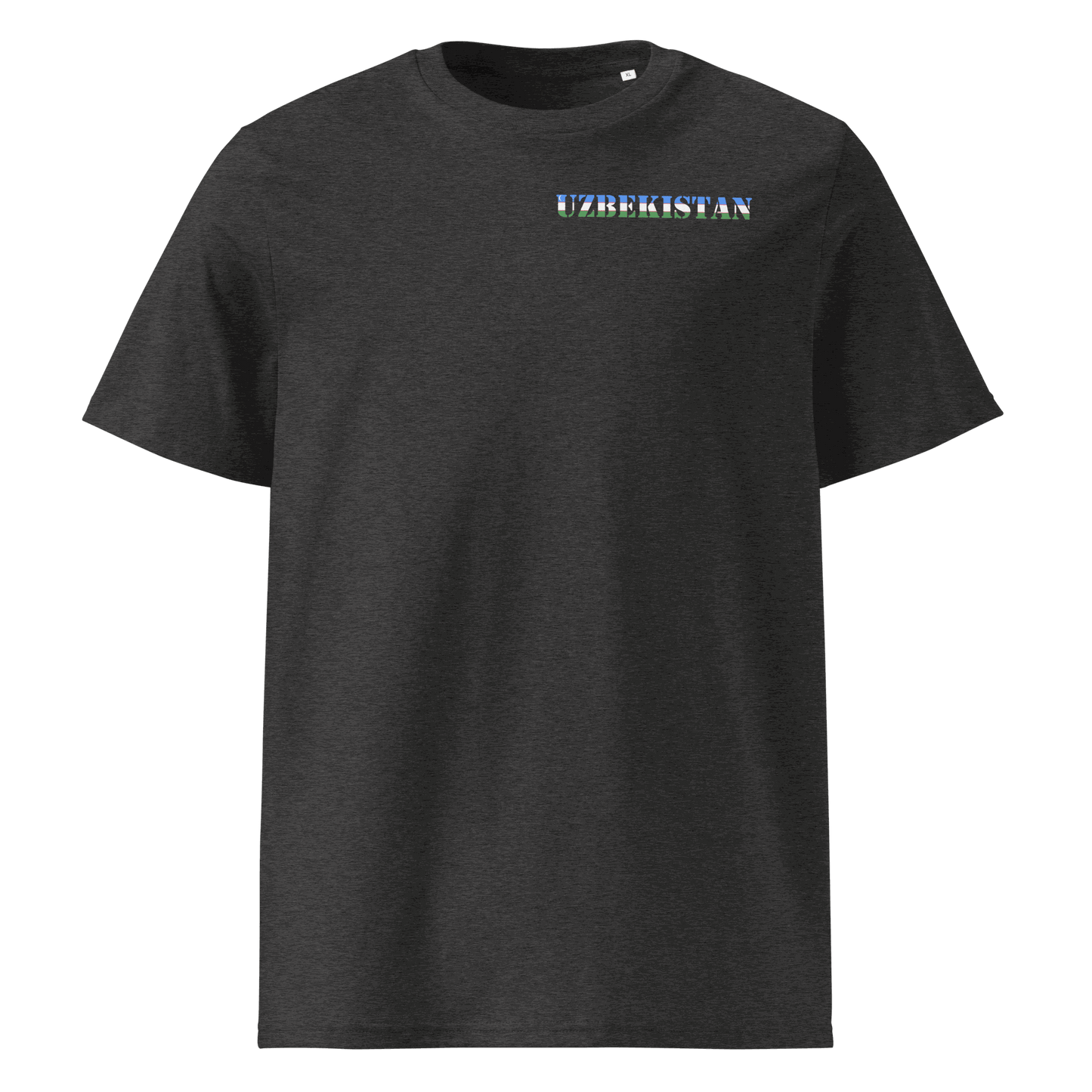Black Uzbekistan soccer shirt with "Uzbekistan" text cut from national flag design on chest, made from organic cotton.