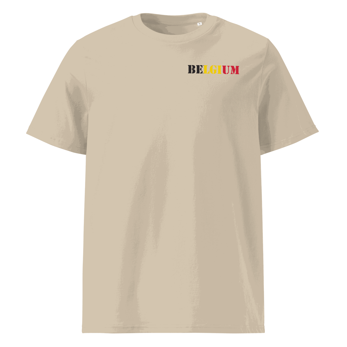 Belgium football shirt with "Belgium" text designed from national flag colors on chest.