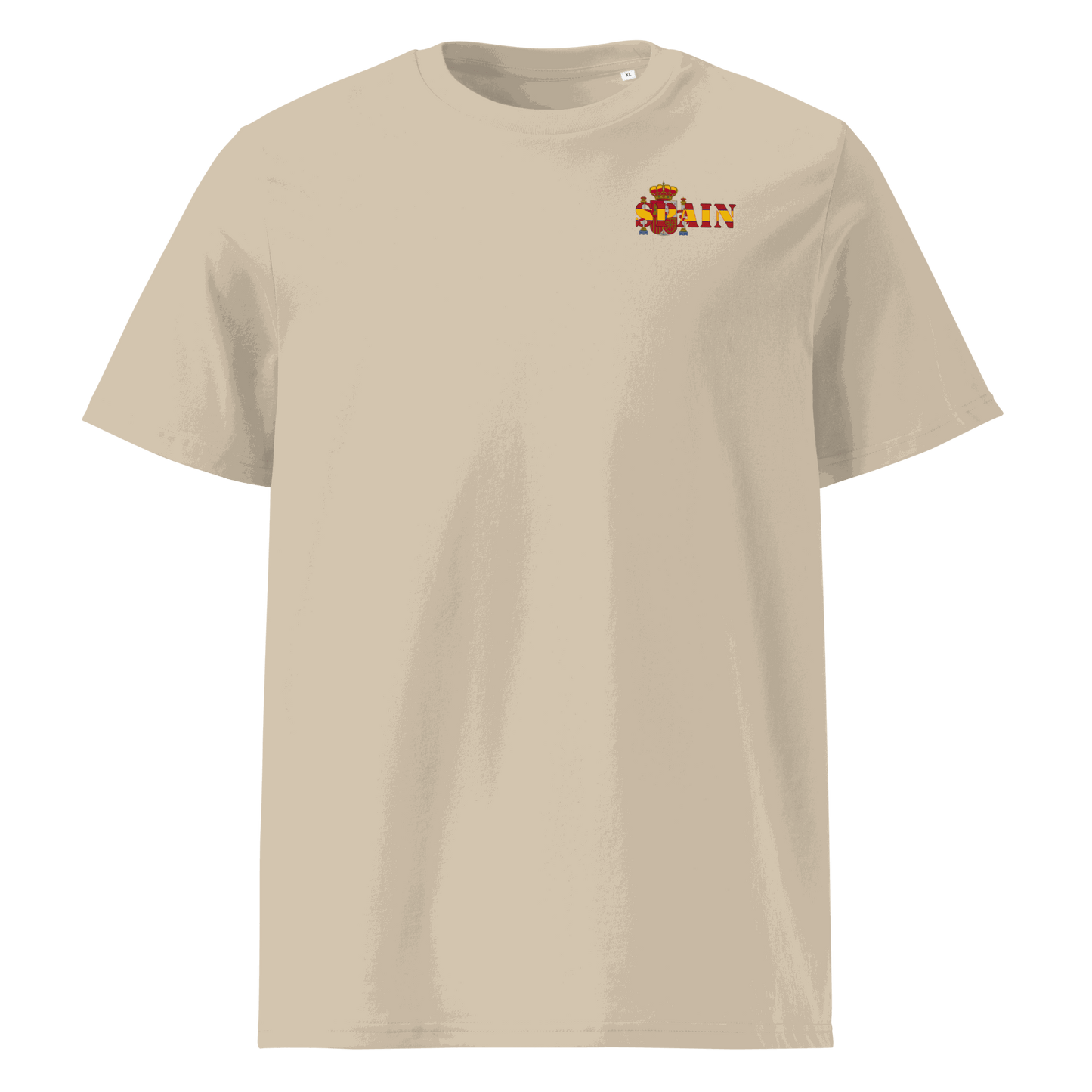 Beige Spain Futbol Shirt with "Spain" text cut from the national flag on chest, made of organic cotton, unisex fit.
