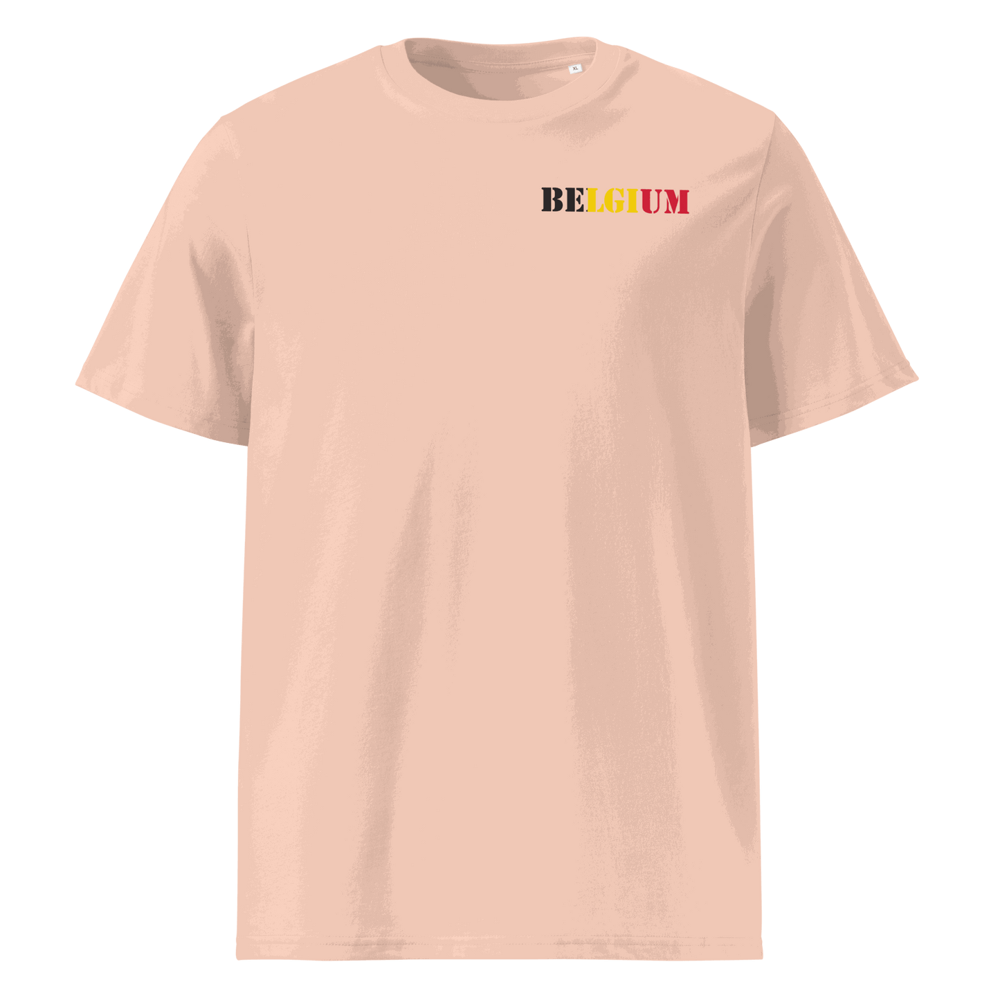 Belgium football shirt with "Belgium" text designed from national flag colors on chest.