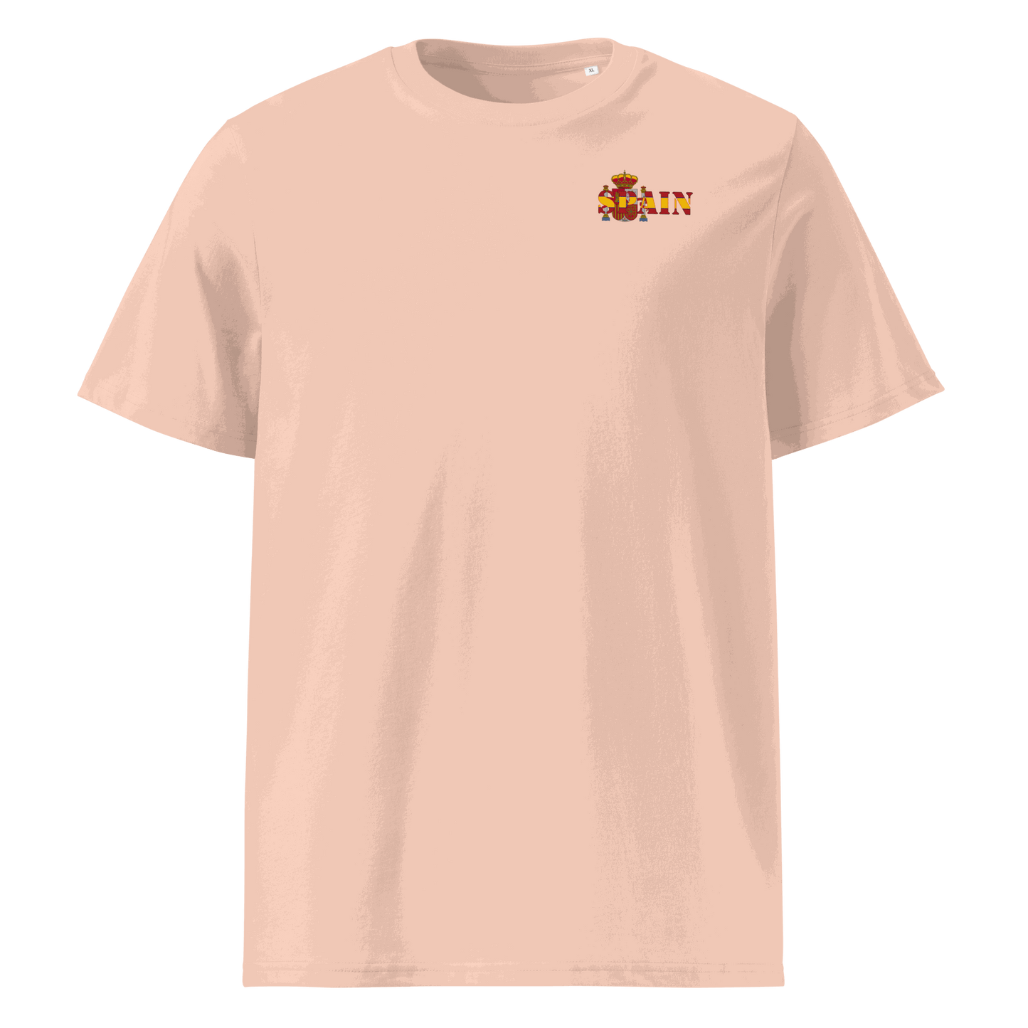 Beige Spain Futbol Shirt featuring “Spain” text cut from the national flag, made from 100% organic cotton with a unisex regular fit.