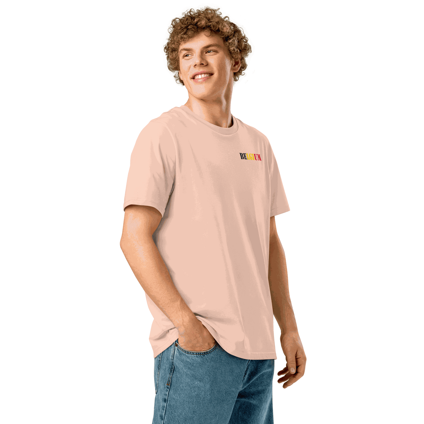 Belgium football shirt with "Belgium" text designed from national flag colors on chest.