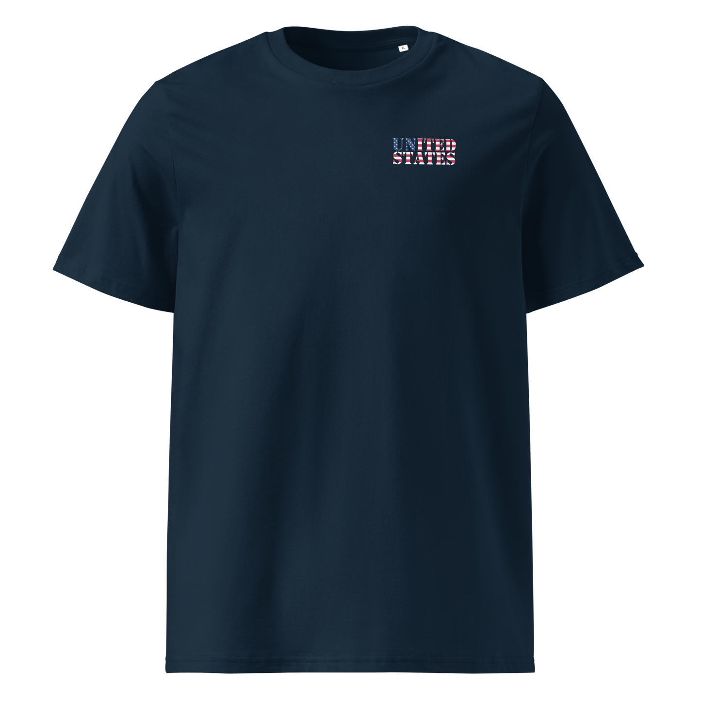United States Soccer Shirt with flag-inspired lettering on navy blue organic cotton tee