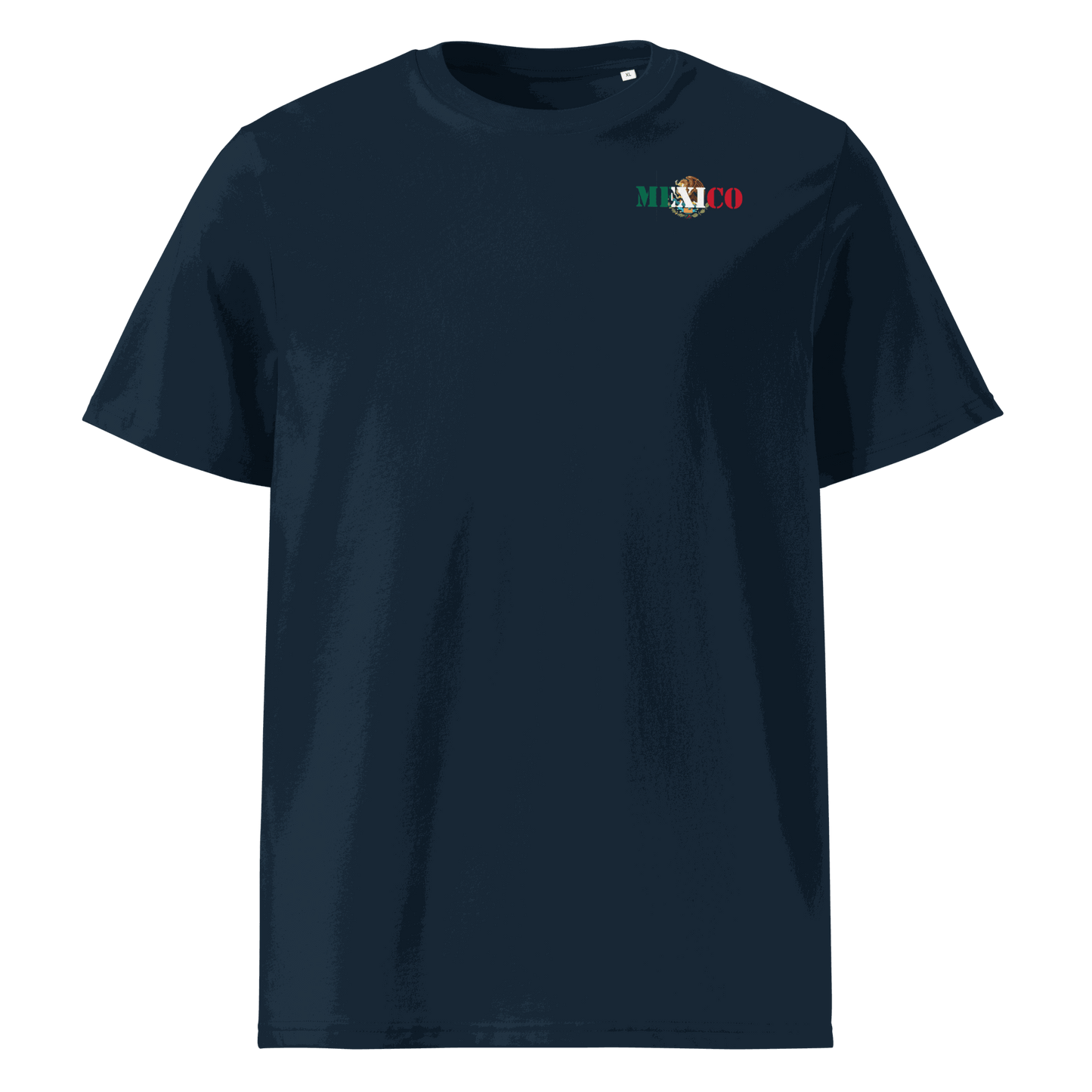 Navy Mexico Futbol Shirt with national flag design lettering on chest, unisex organic cotton tee.