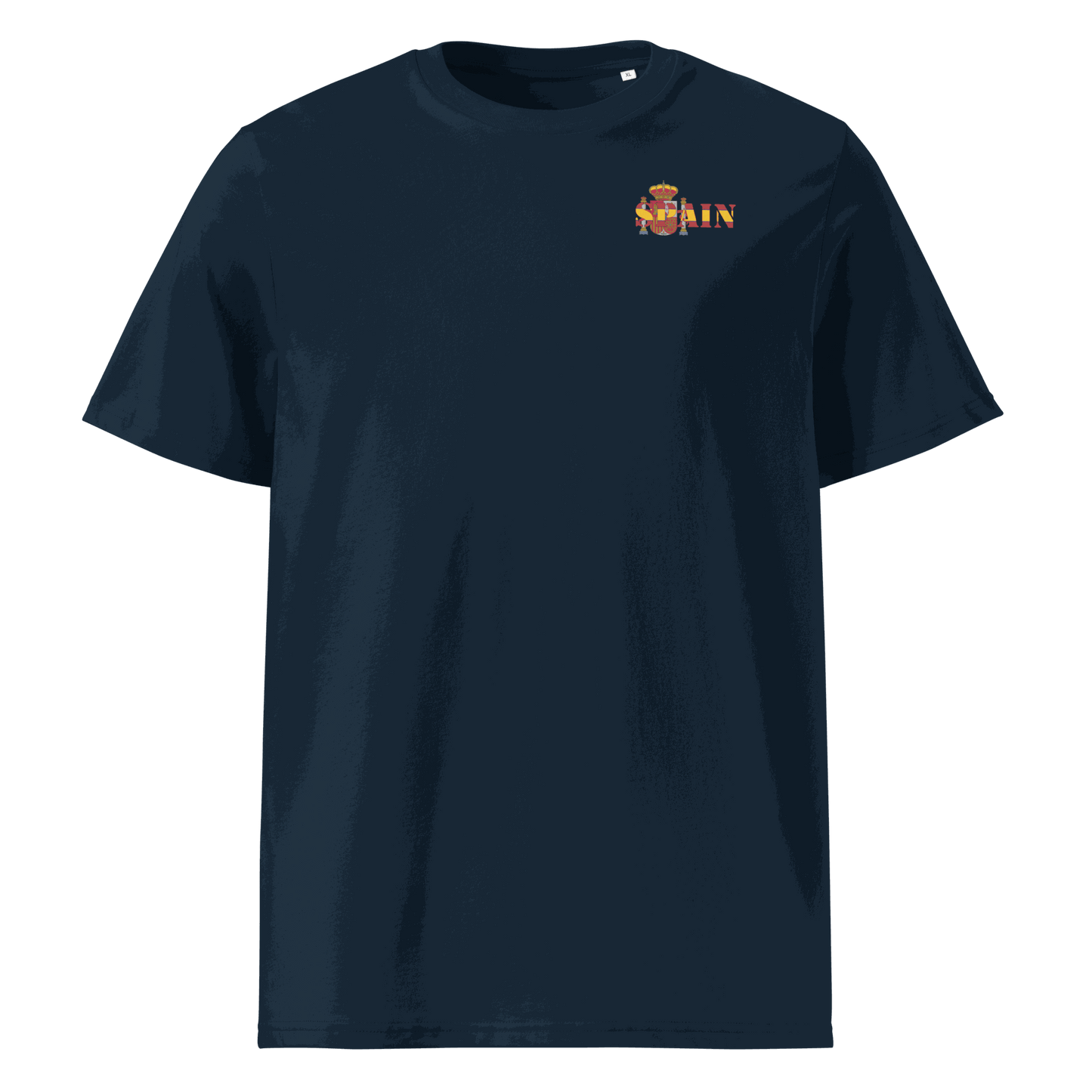 Navy Spain Futbol Shirt featuring "Spain" text cut from the national flag with a royal crown emblem, made of 100% organic cotton.