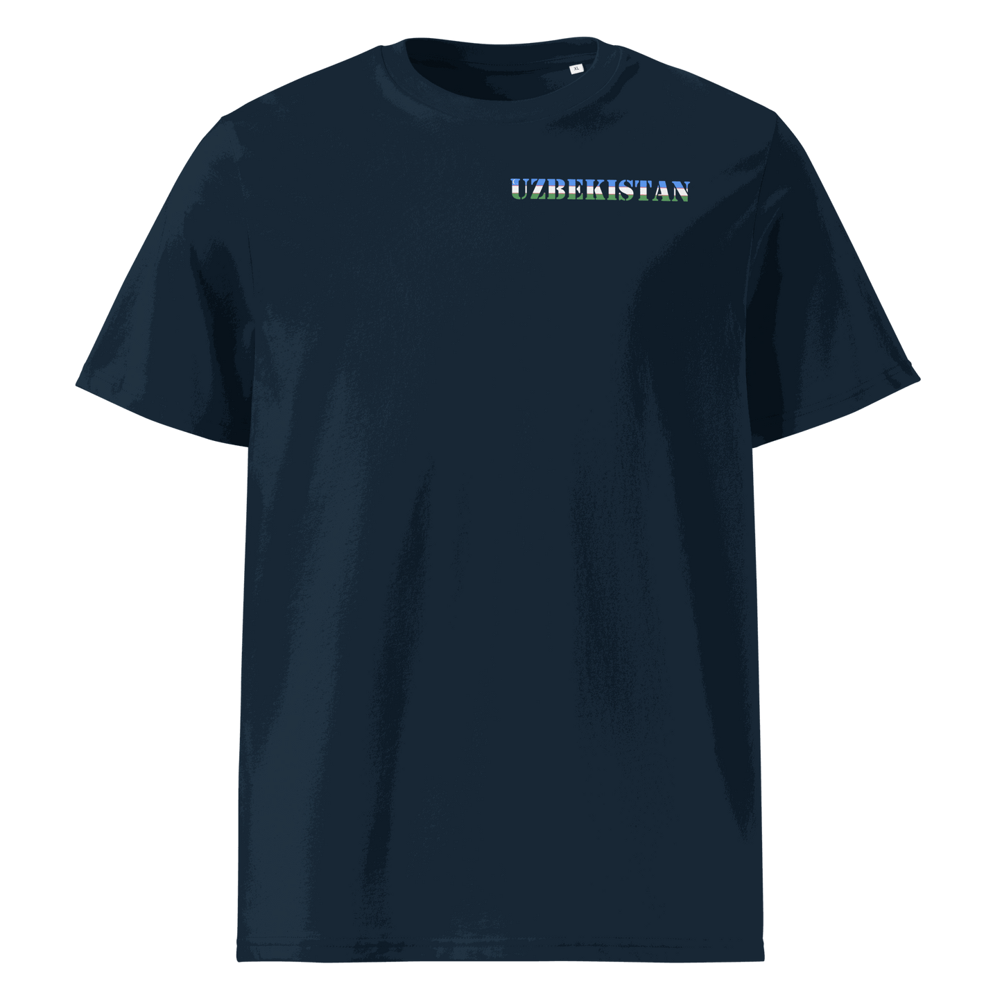 Navy Uzbekistan soccer shirt with national flag cut-out lettering on chest, organic cotton, unisex fit.