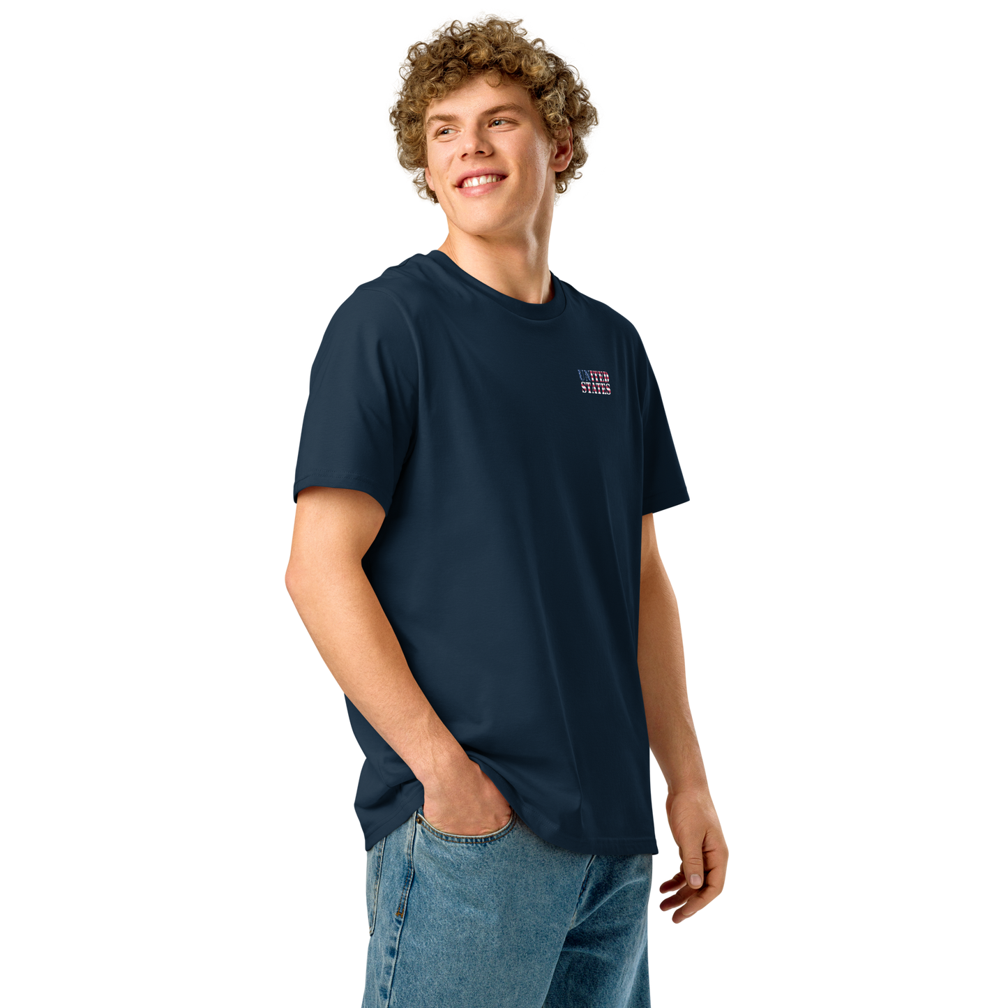 United States Soccer Shirt with flag-cut lettering, navy blue organic cotton tee for unisex fit and casual wear