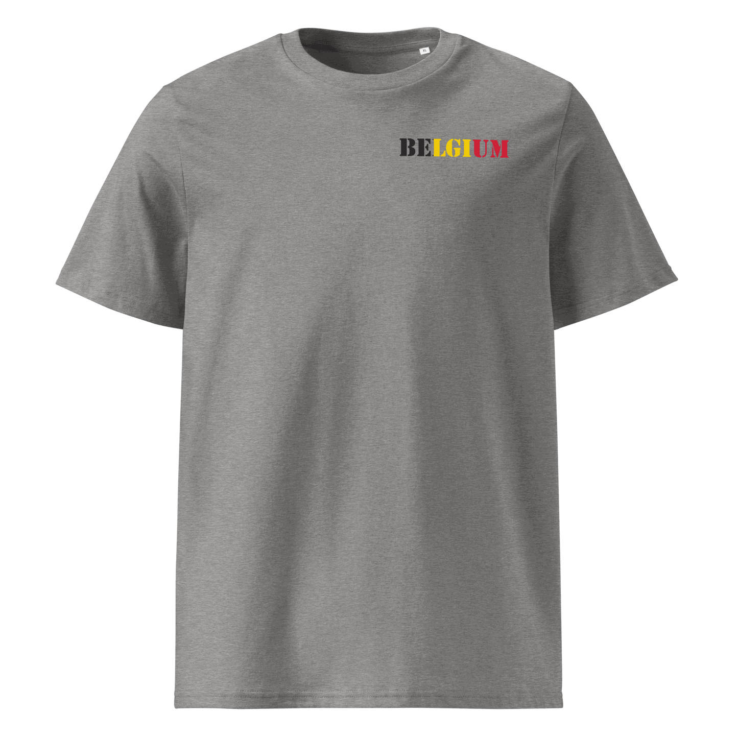 Belgium football shirt with "Belgium" text designed from national flag colors on chest.