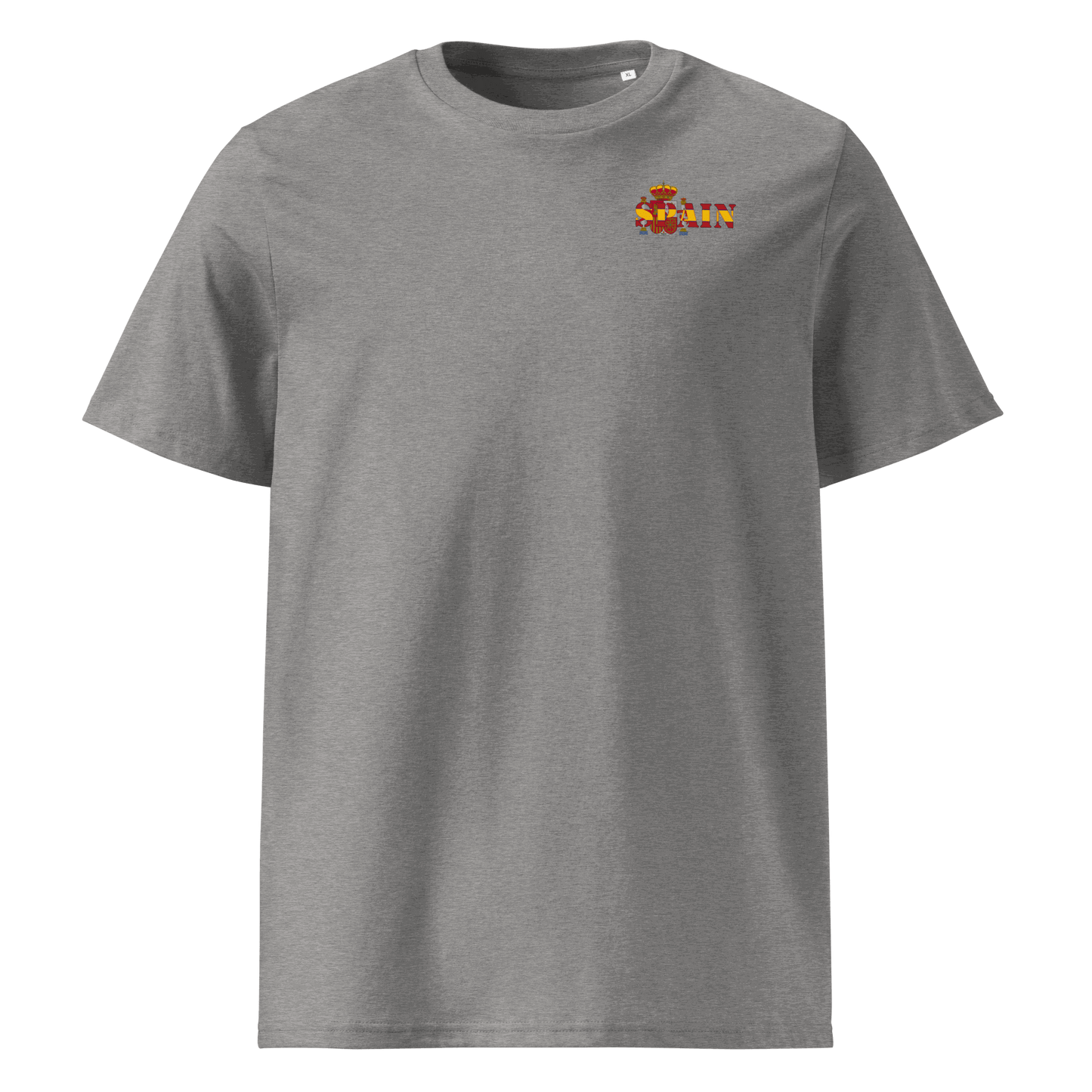 Gray Spain Futbol Shirt with national flag design on chest, organic cotton unisex tee