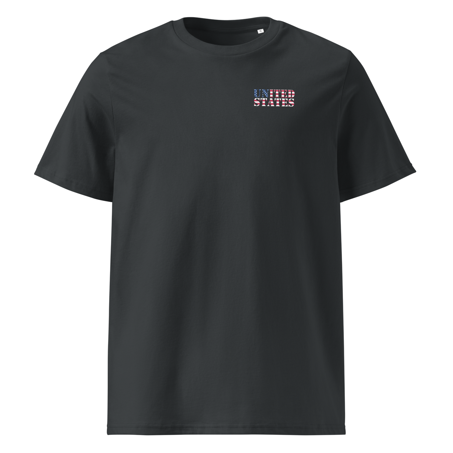 Black United States soccer t-shirt with flag-patterned "United States" text on chest, made from organic cotton, unisex fit.