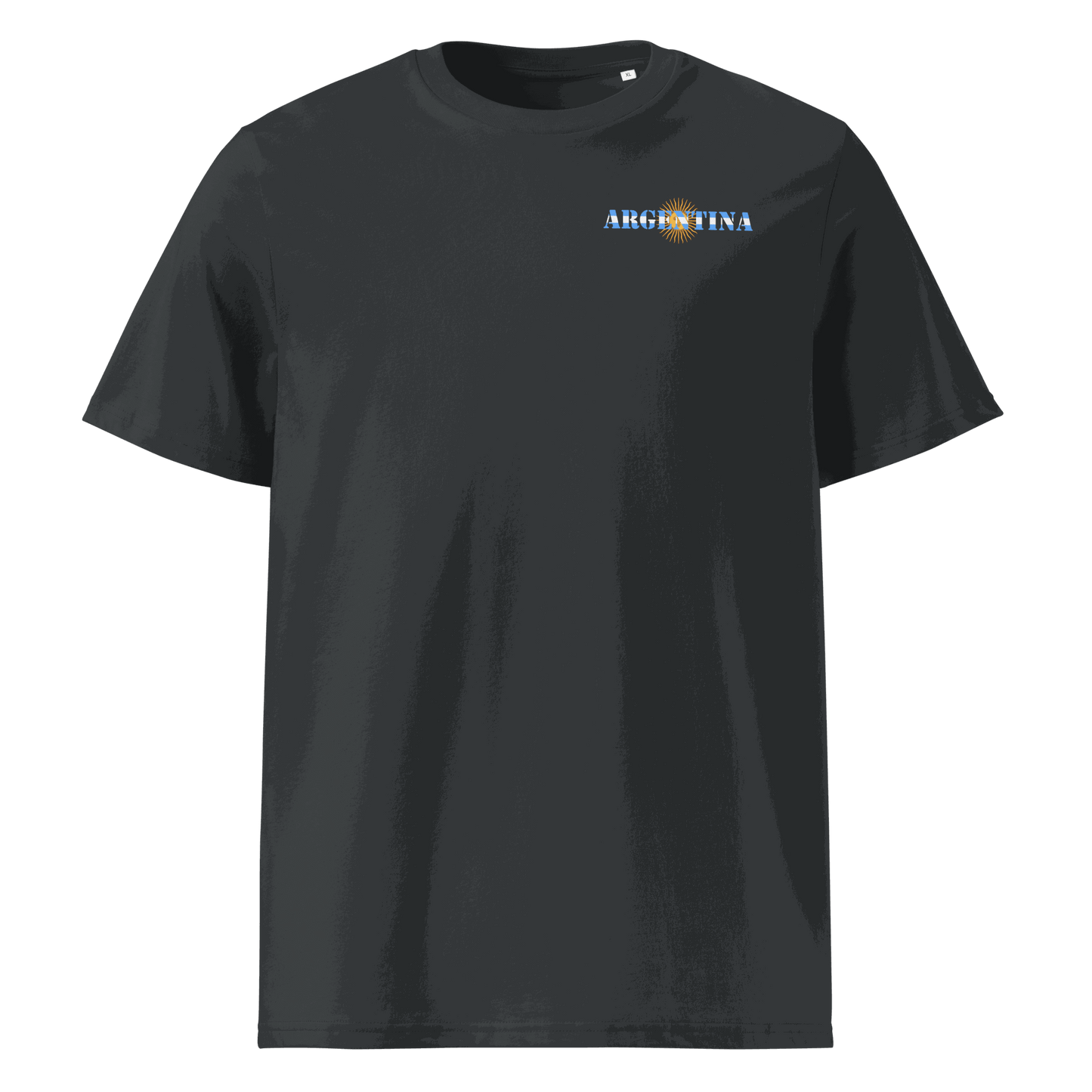 Black Argentina Futbol Shirt with "Argentina" text incorporating the national flag design on the chest, made from 100% organic cotton with a regular unisex fit.
