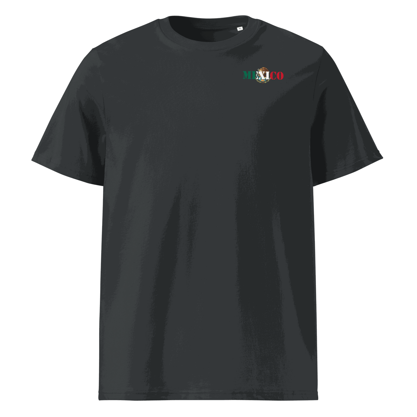 Black Mexico Futbol Shirt with national flag-inspired lettering and unisex fit made of organic cotton.