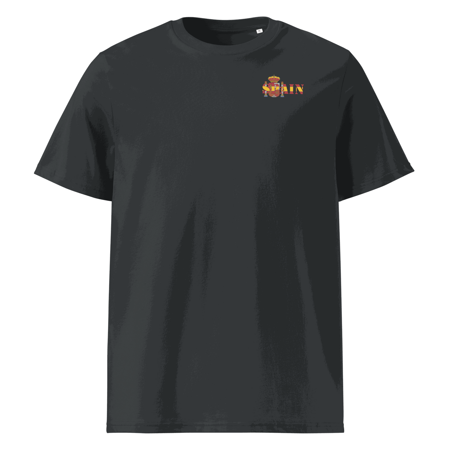 Black unisex cotton Spain Futbol Shirt with "Spain" text cut from the national flag on chest, comfortable and durable design.