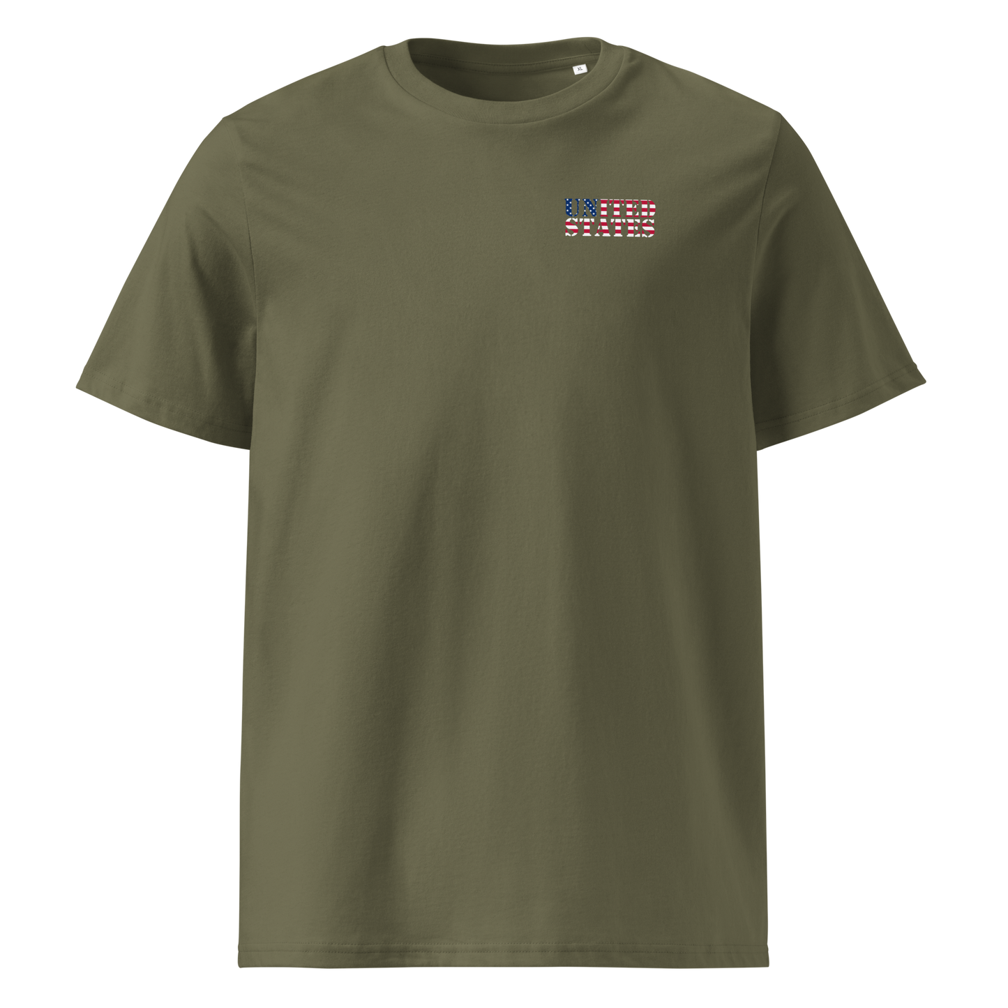 Olive green United States Soccer Shirt with flag-themed "United States" text on chest, made from organic cotton.