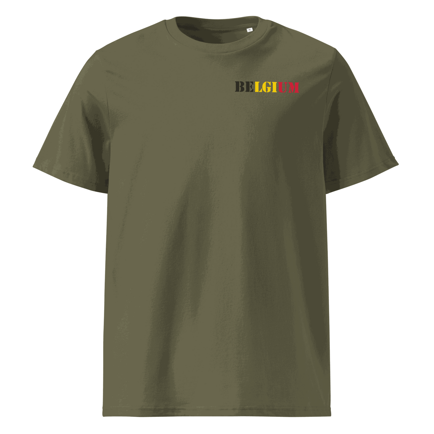 Belgium football shirt with "Belgium" text designed from national flag colors on chest.