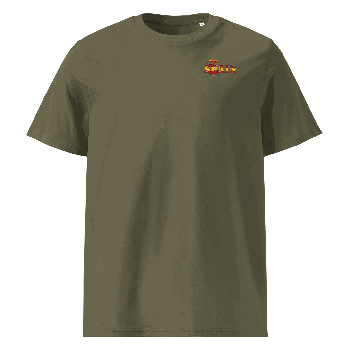 Olive green Spain Futbol Shirt with flag-inspired "Spain" lettering on chest, made of 100% organic cotton, unisex fit.