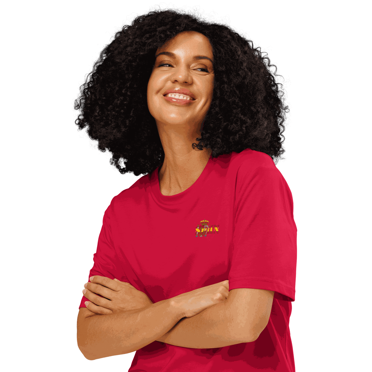 Woman wearing red Spain Futbol Shirt with Spain flag design on chest, smiling with arms crossed.