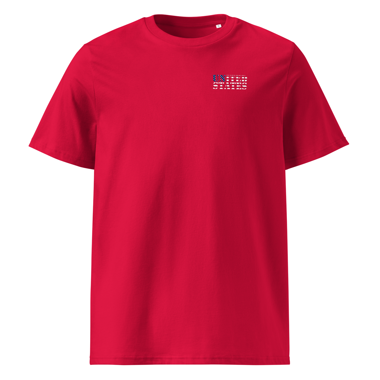 Red United States Soccer Shirt with flag-inspired "United States" text design on chest, made from organic cotton, unisex fit.