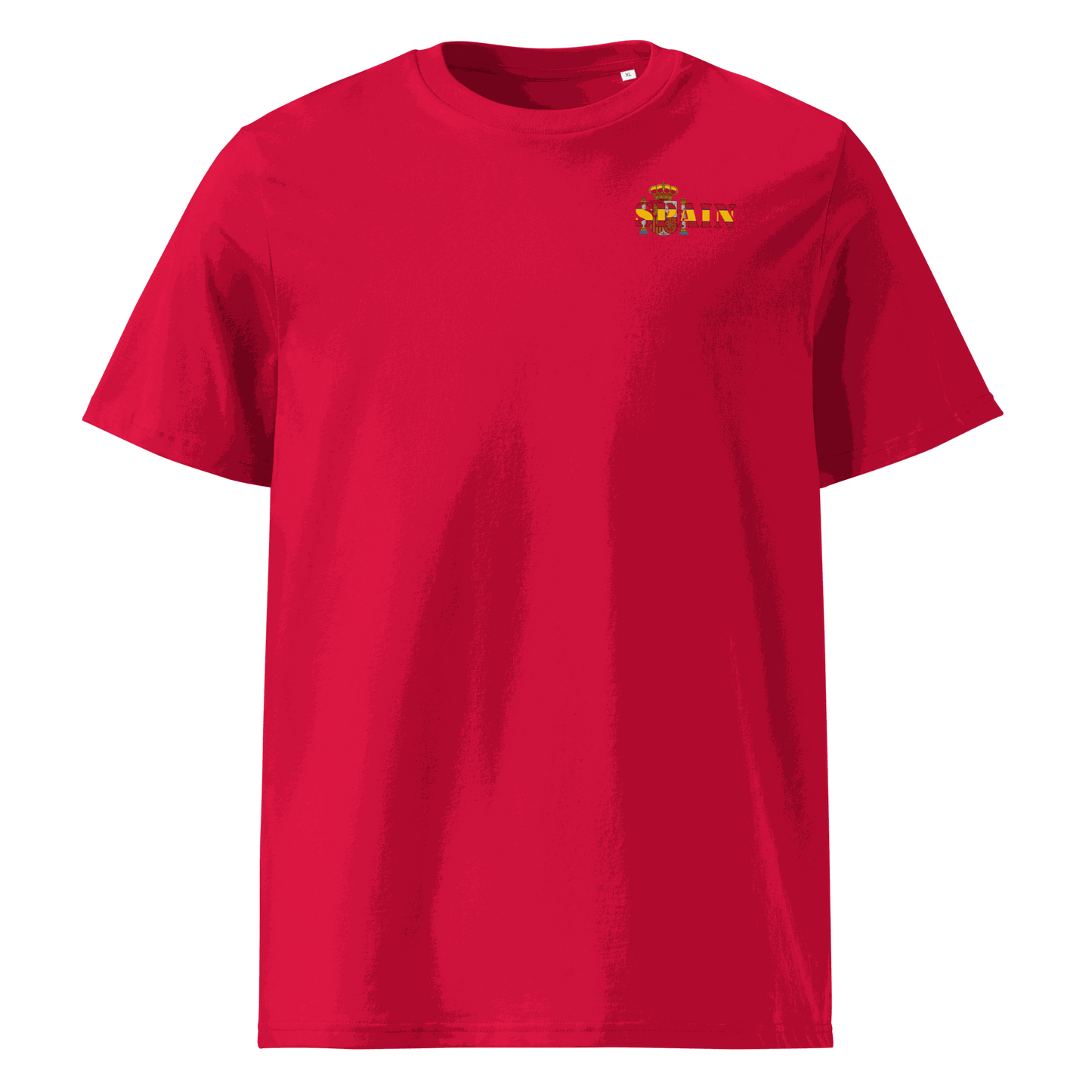 Red Spain Futbol Shirt with national flag text design, made from organic cotton for comfort and durability
