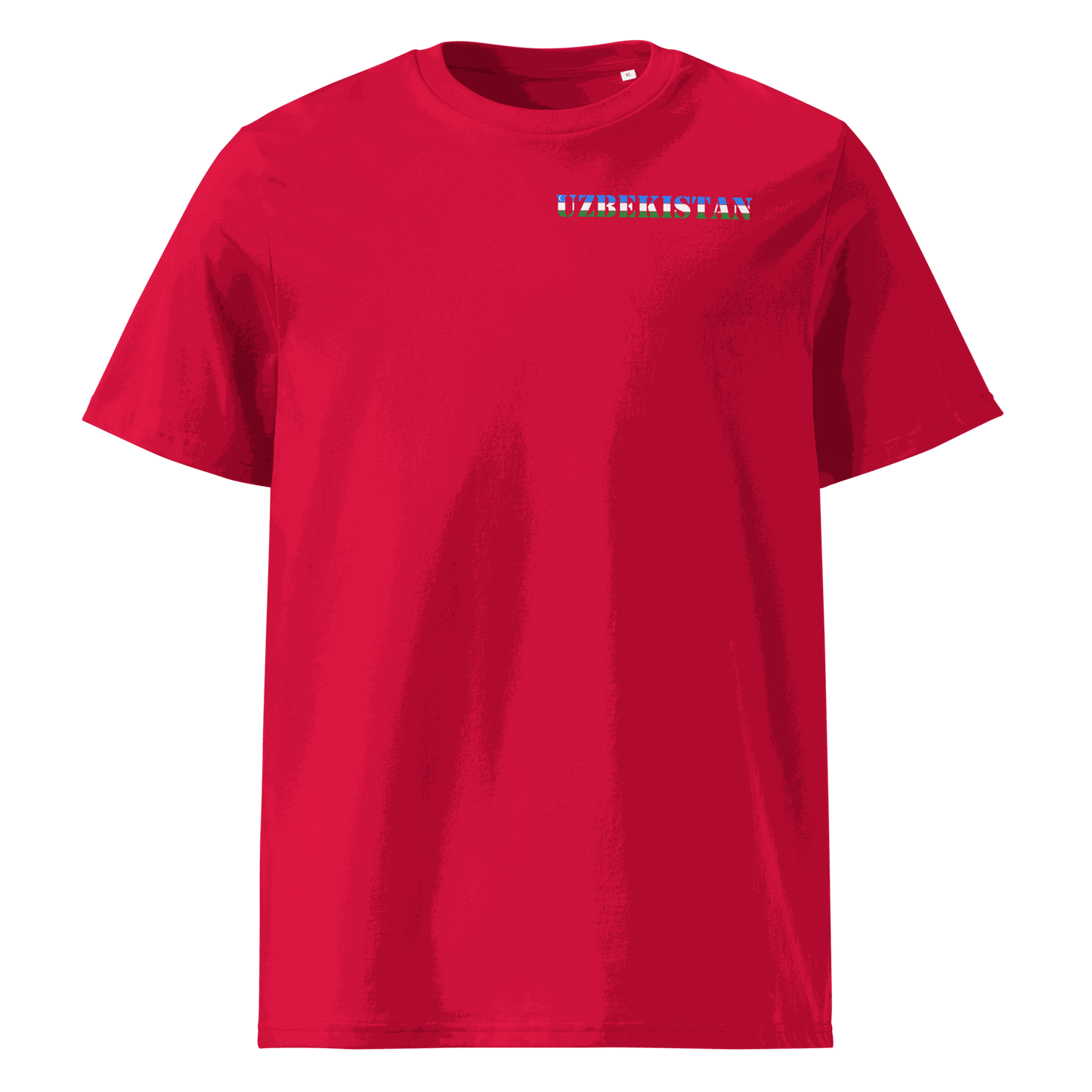 Red Uzbekistan soccer shirt with "Uzbekistan" text cut from the national flag on the chest, made from 100% organic cotton.