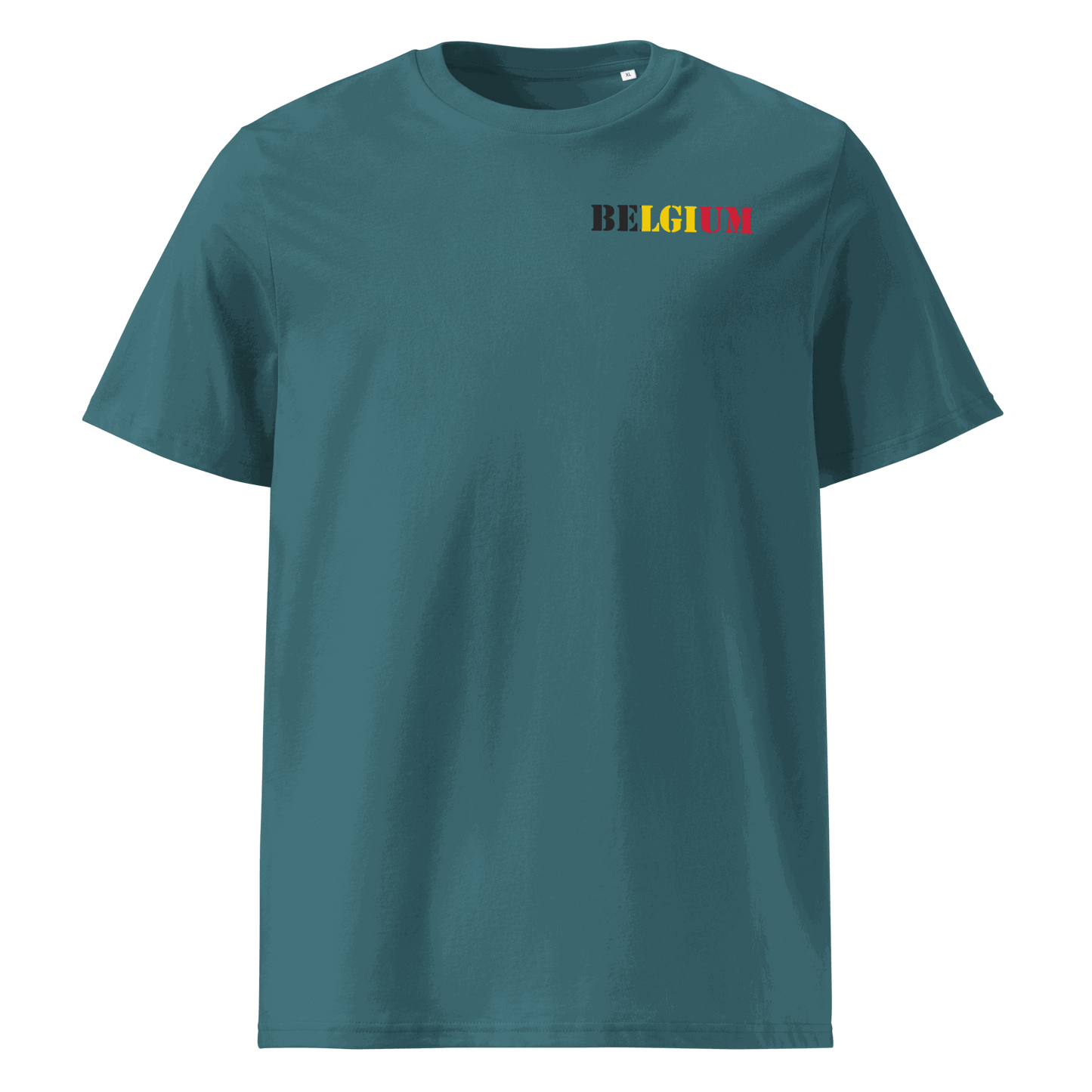 Belgium football shirt with "Belgium" text designed from national flag colors on chest.
