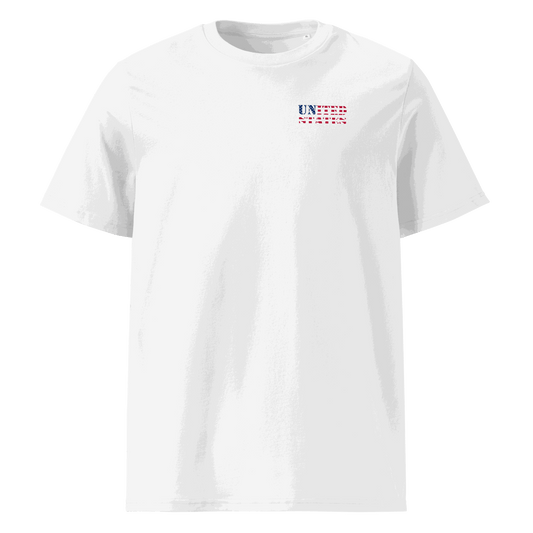 White United States Soccer Shirt with "United States" text cut from the American flag design, made of organic cotton, unisex fit.