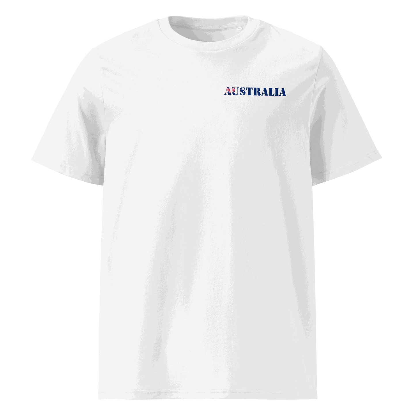 White Australia Soccer shirt with "Australia" text cut from the national flag, made of organic cotton