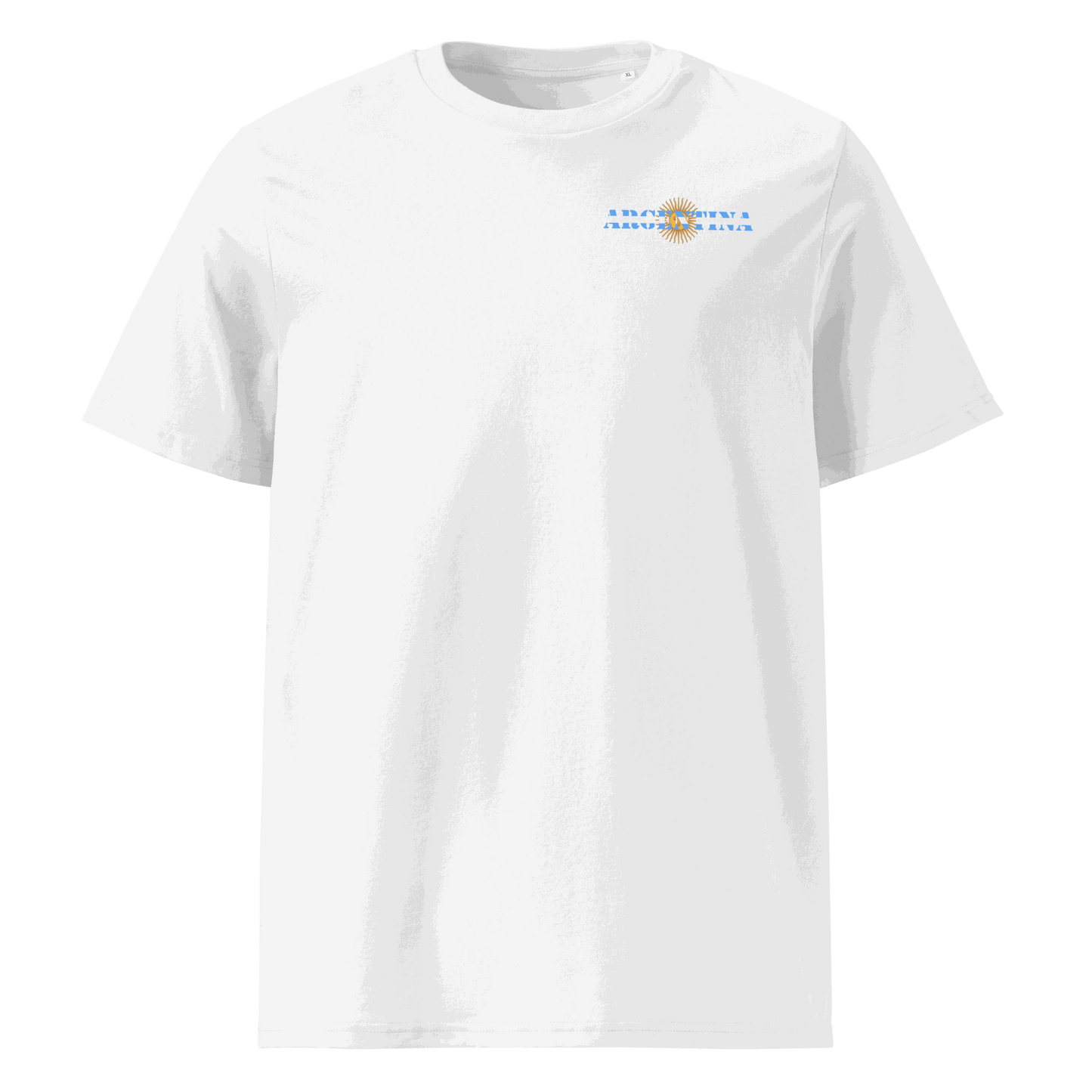 Argentina Futbol Shirt with "Argentina" text incorporating the national flag design on the chest, made from 100% organic cotton with a regular unisex fit.