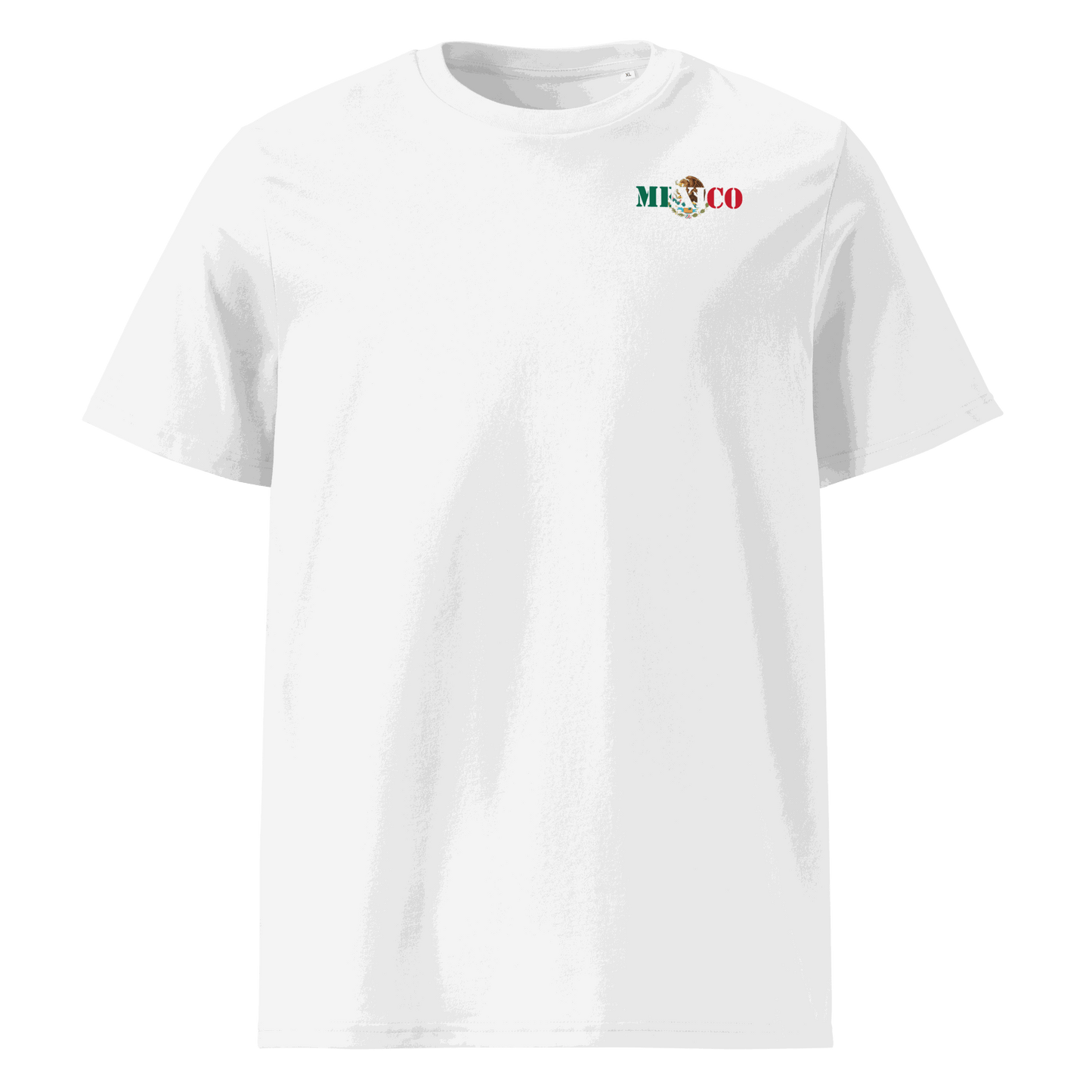 White Mexico Futbol Shirt with "MEXICO" text styled from the Mexican flag colors and emblem, made from organic cotton.